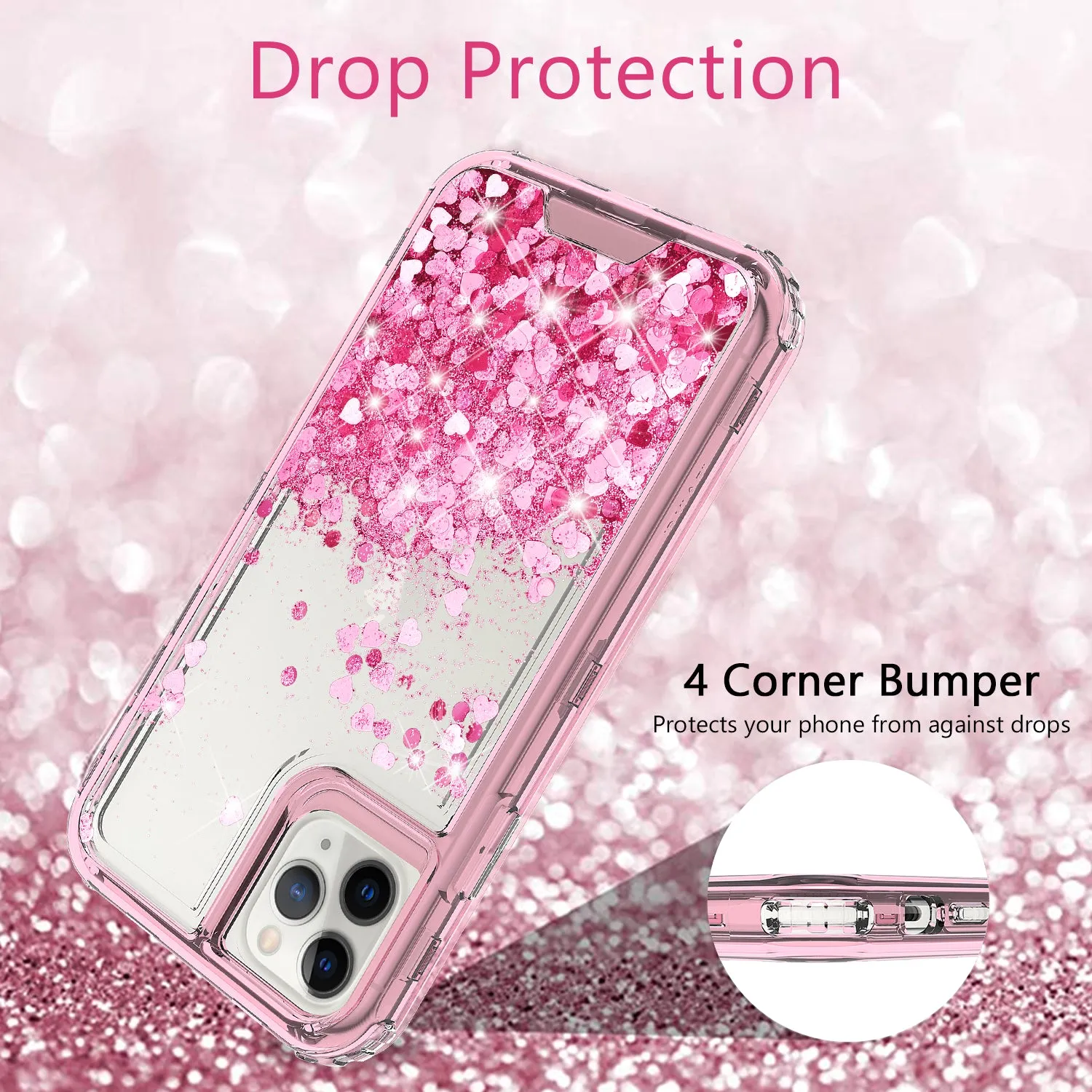 Apple iPhone 11 Case,Hard Clear Glitter Sparkle Flowing Liquid Heavy Duty Shockproof Three Layer Protective Bling Girls Women Cases for Apple iPhone 11 - Pink