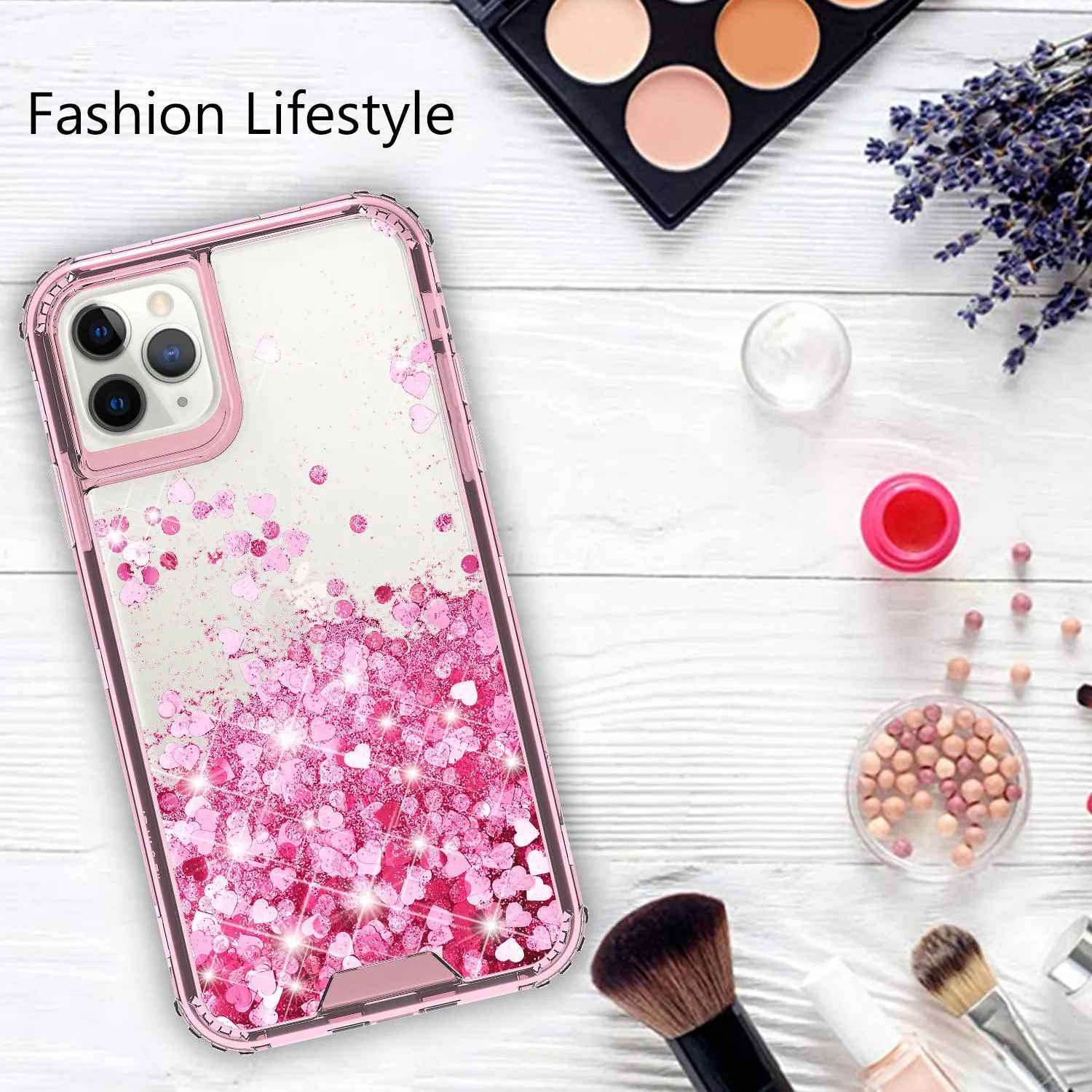 Apple iPhone 11 Pro Max Case,Hard Clear Glitter Sparkle Flowing Liquid Heavy Duty Shockproof Three Layer Protective Bling Girls Women Cases for Apple iPhone 11 Pro Max - Pink