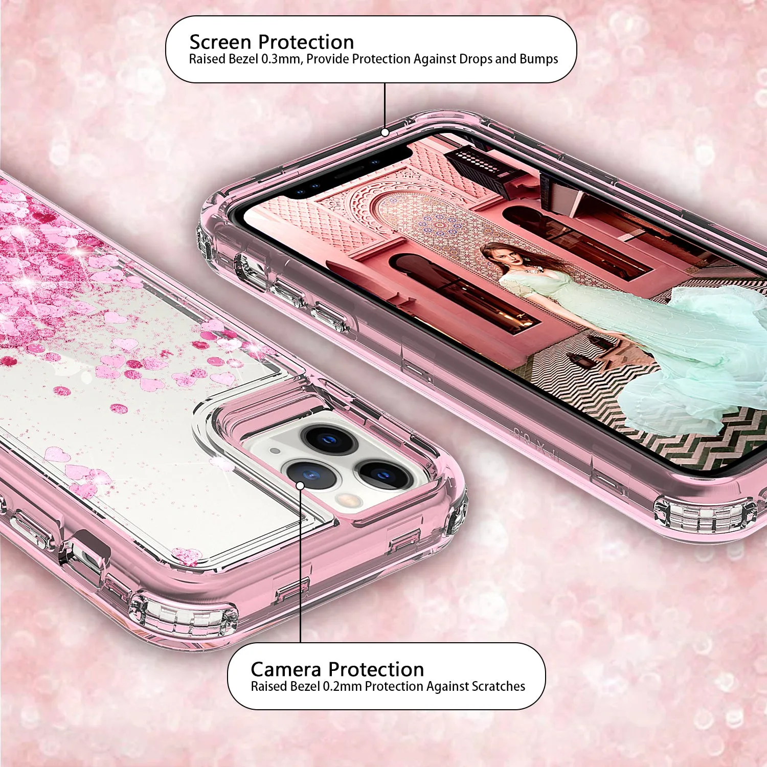 Apple iPhone 11 Pro Max Case,Hard Clear Glitter Sparkle Flowing Liquid Heavy Duty Shockproof Three Layer Protective Bling Girls Women Cases for Apple iPhone 11 Pro Max - Pink