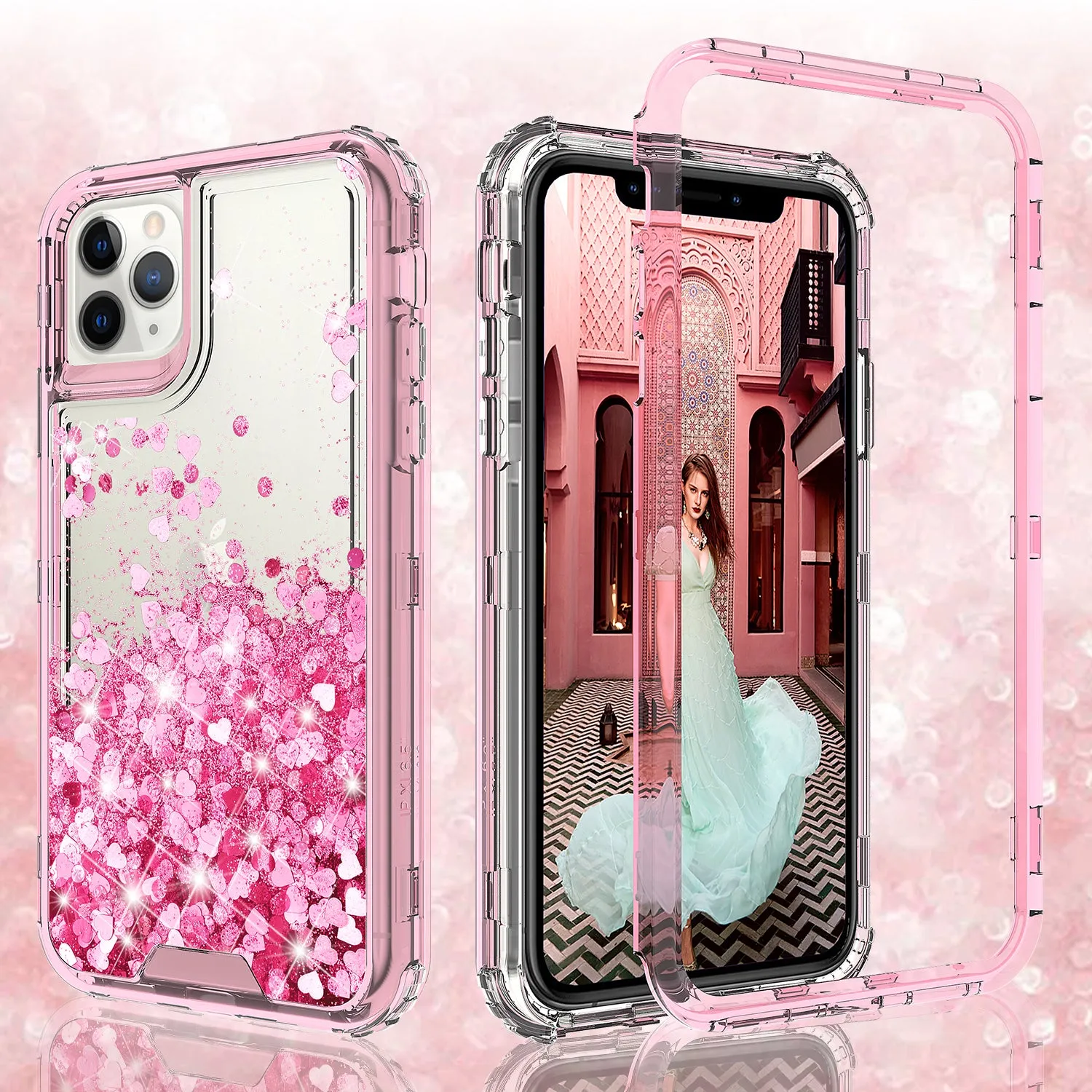 Apple iPhone 11 Pro Max Case,Hard Clear Glitter Sparkle Flowing Liquid Heavy Duty Shockproof Three Layer Protective Bling Girls Women Cases for Apple iPhone 11 Pro Max - Pink