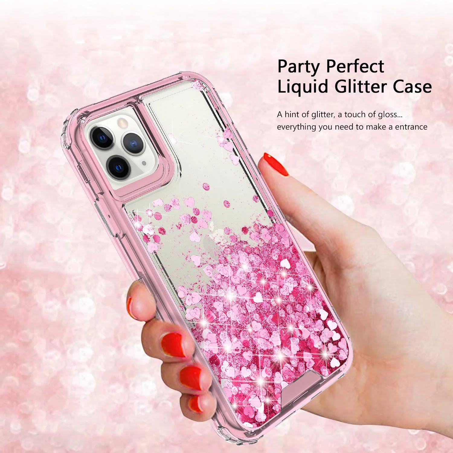 Apple iPhone 11 Pro Max Case,Hard Clear Glitter Sparkle Flowing Liquid Heavy Duty Shockproof Three Layer Protective Bling Girls Women Cases for Apple iPhone 11 Pro Max - Pink