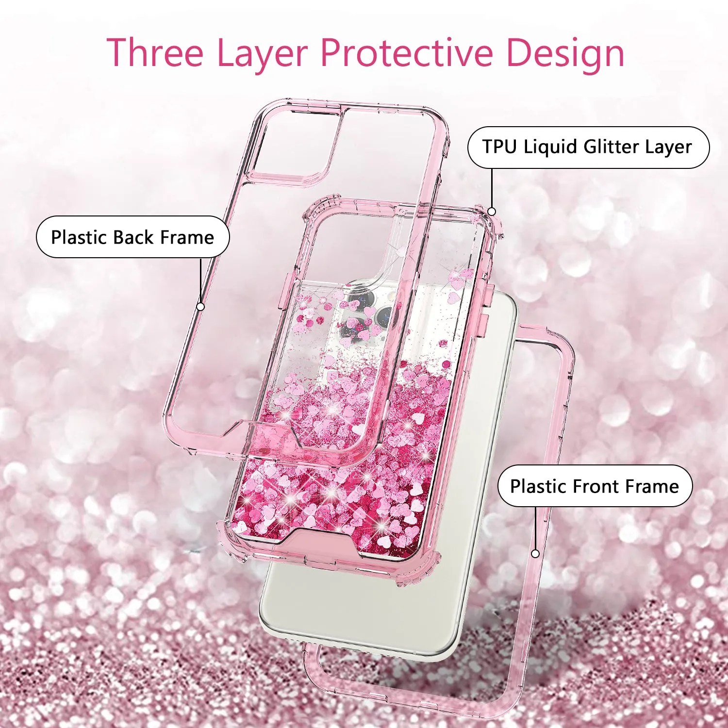 Apple iPhone 11 Pro Max Case,Hard Clear Glitter Sparkle Flowing Liquid Heavy Duty Shockproof Three Layer Protective Bling Girls Women Cases for Apple iPhone 11 Pro Max - Pink