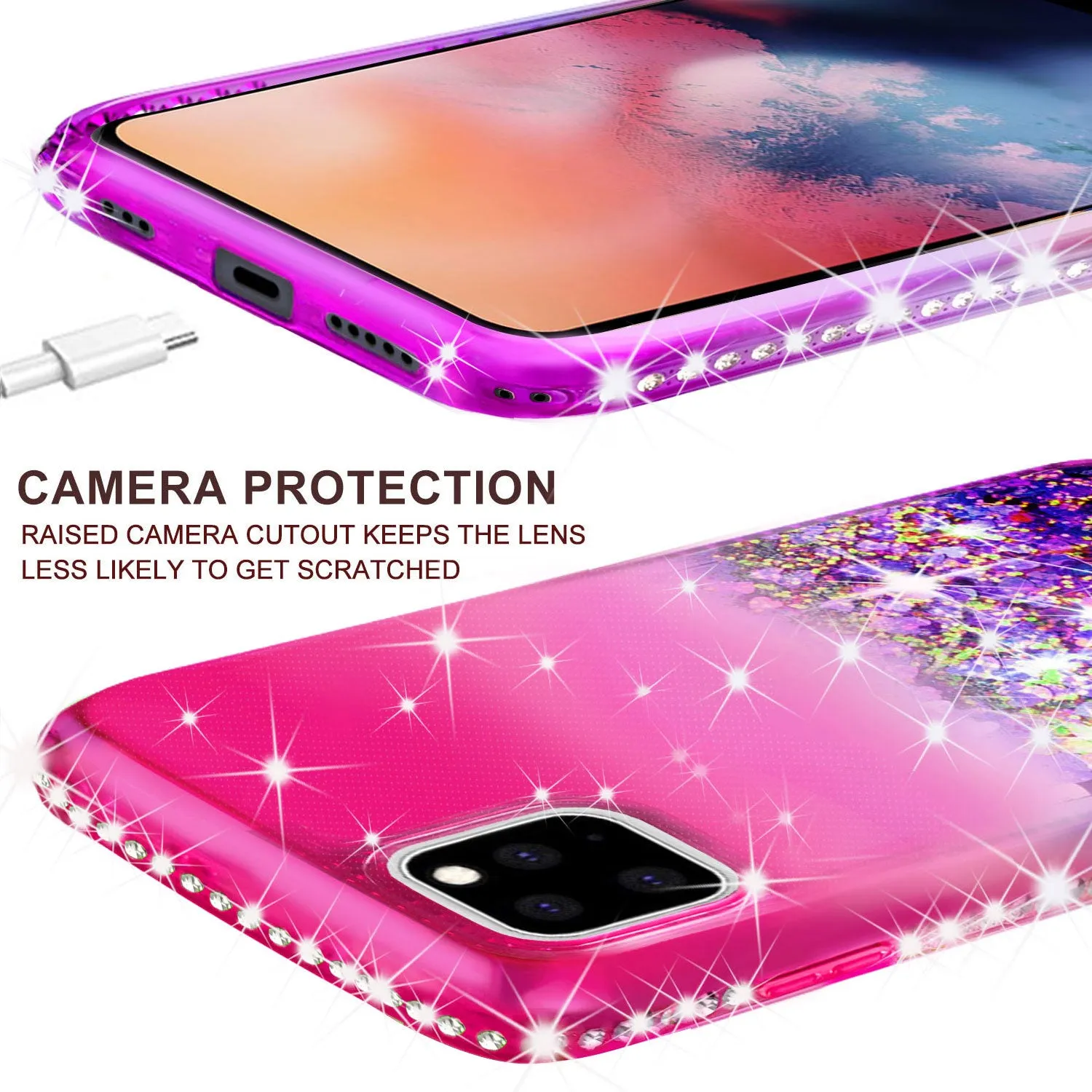 Apple iPhone 12 Case Liquid Glitter Phone Case Waterfall Floating Quicksand Bling Sparkle Cute Protective Girls Women Cover for iPhone 12 W/Temper Glass -  (Hot Pink/Purple Gradient)
