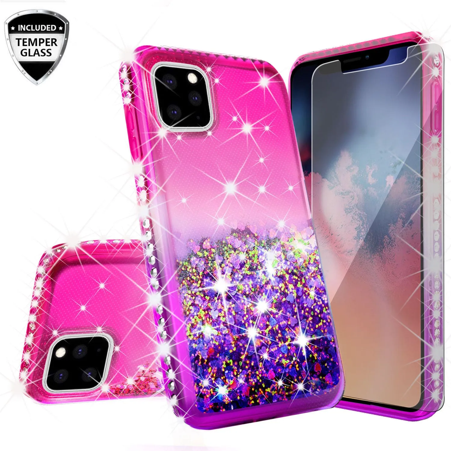 Apple iPhone 12 Case Liquid Glitter Phone Case Waterfall Floating Quicksand Bling Sparkle Cute Protective Girls Women Cover for iPhone 12 W/Temper Glass -  (Hot Pink/Purple Gradient)
