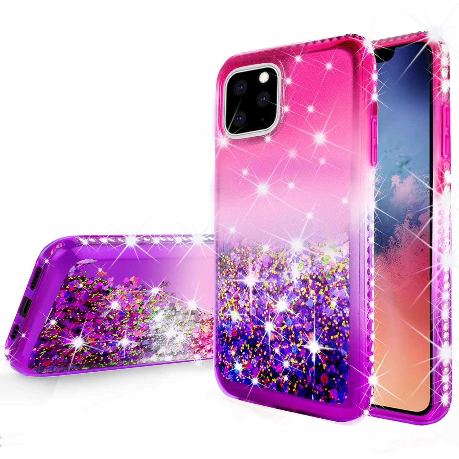 Apple iPhone 12 Case Liquid Glitter Phone Case Waterfall Floating Quicksand Bling Sparkle Cute Protective Girls Women Cover for iPhone 12 W/Temper Glass -  (Hot Pink/Purple Gradient)