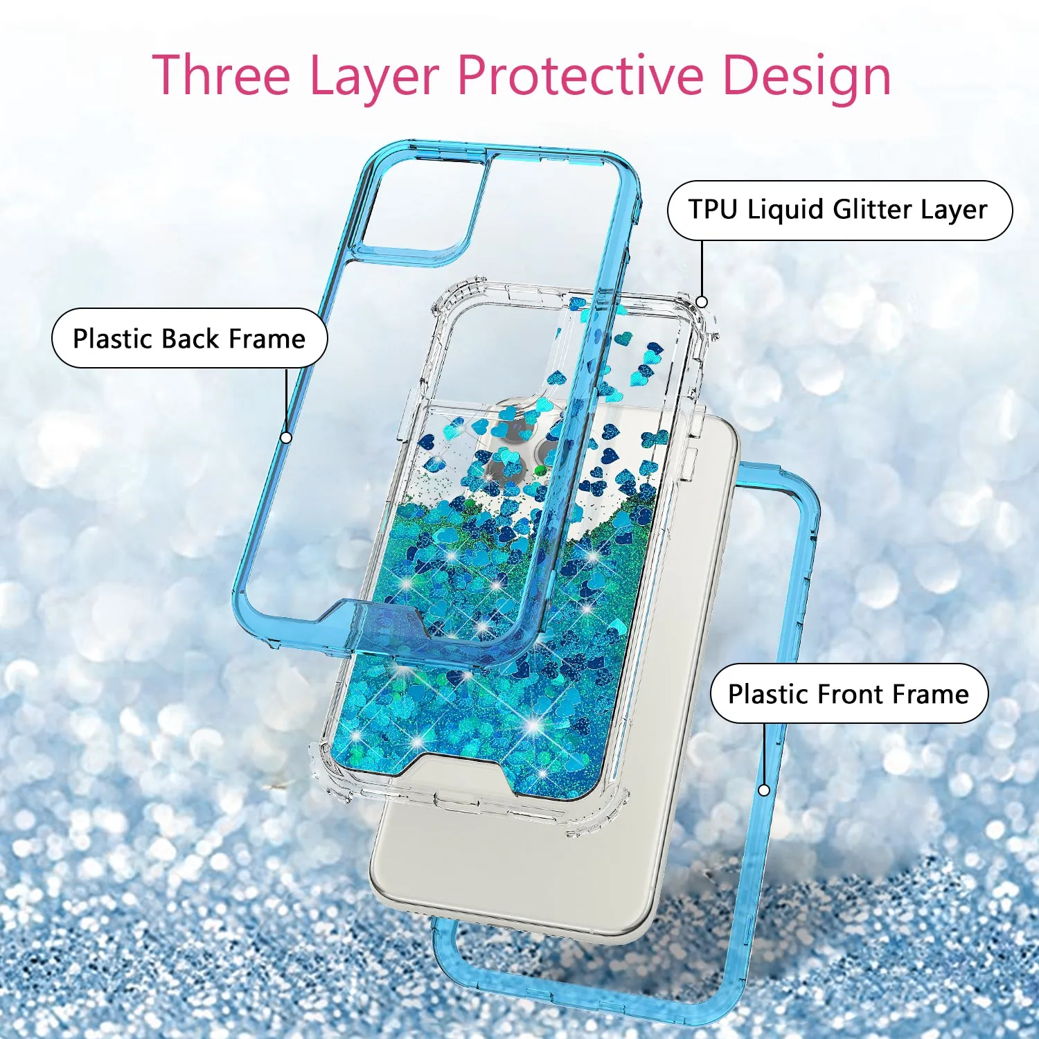Apple iPhone 12 mini Case,Hard Clear Glitter Sparkle Flowing Liquid Heavy Duty Shockproof Three Layer Protective Bling Girls Women Cases for Apple iPhone 12 mini - Teal