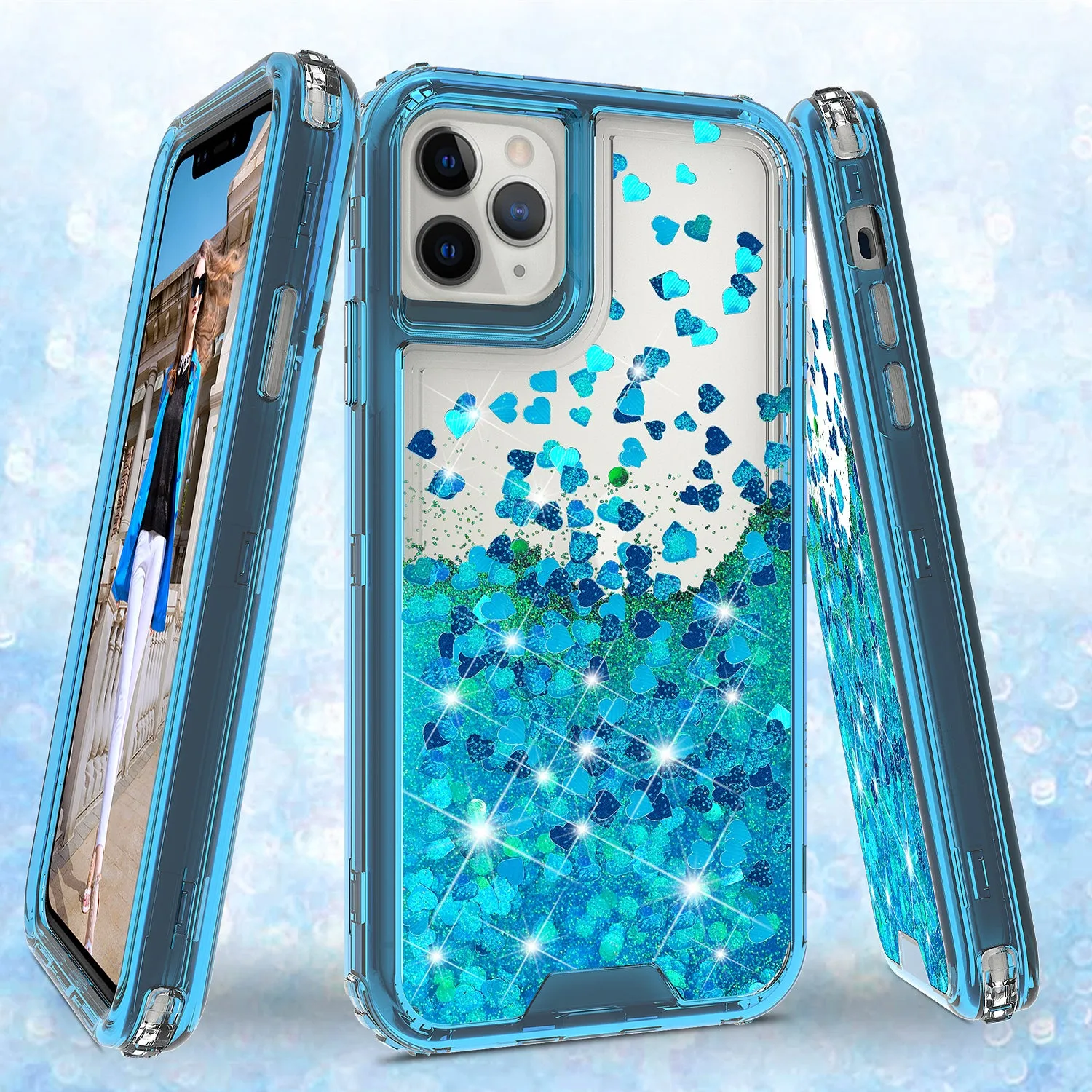 Apple iPhone 12 mini Case,Hard Clear Glitter Sparkle Flowing Liquid Heavy Duty Shockproof Three Layer Protective Bling Girls Women Cases for Apple iPhone 12 mini - Teal