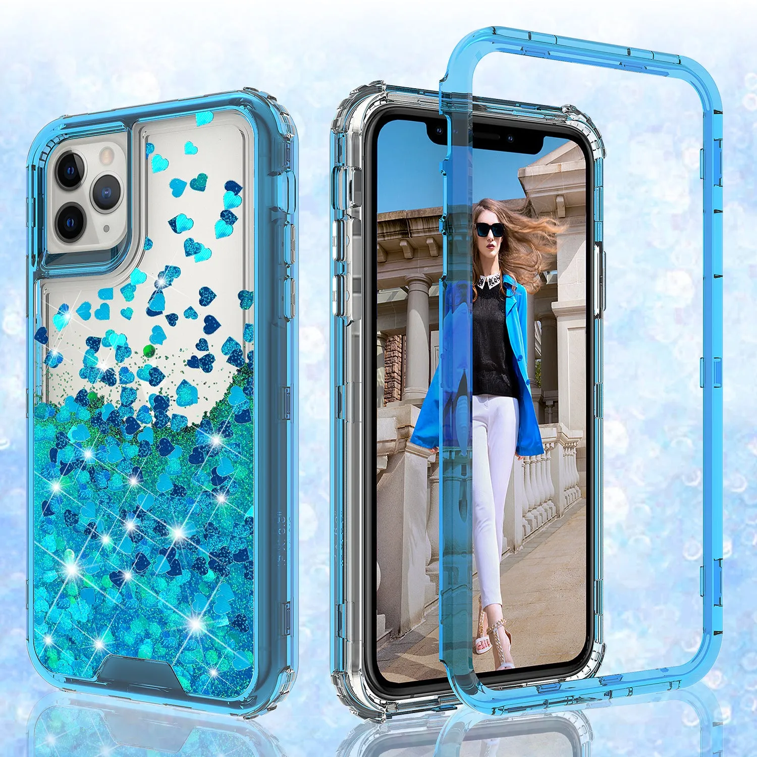 Apple iPhone 12 mini Case,Hard Clear Glitter Sparkle Flowing Liquid Heavy Duty Shockproof Three Layer Protective Bling Girls Women Cases for Apple iPhone 12 mini - Teal