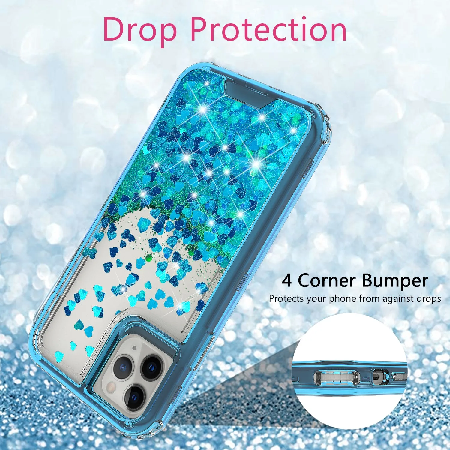 Apple iPhone 12 mini Case,Hard Clear Glitter Sparkle Flowing Liquid Heavy Duty Shockproof Three Layer Protective Bling Girls Women Cases for Apple iPhone 12 mini - Teal