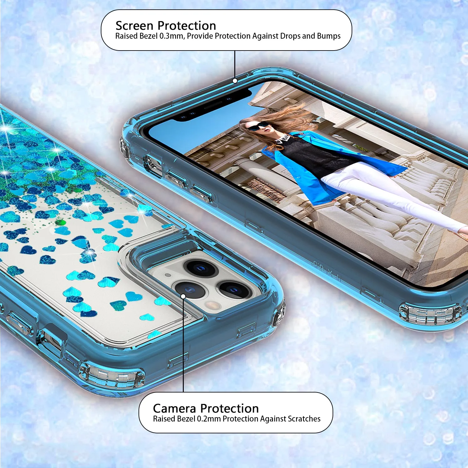 Apple iPhone 12 mini Case,Hard Clear Glitter Sparkle Flowing Liquid Heavy Duty Shockproof Three Layer Protective Bling Girls Women Cases for Apple iPhone 12 mini - Teal