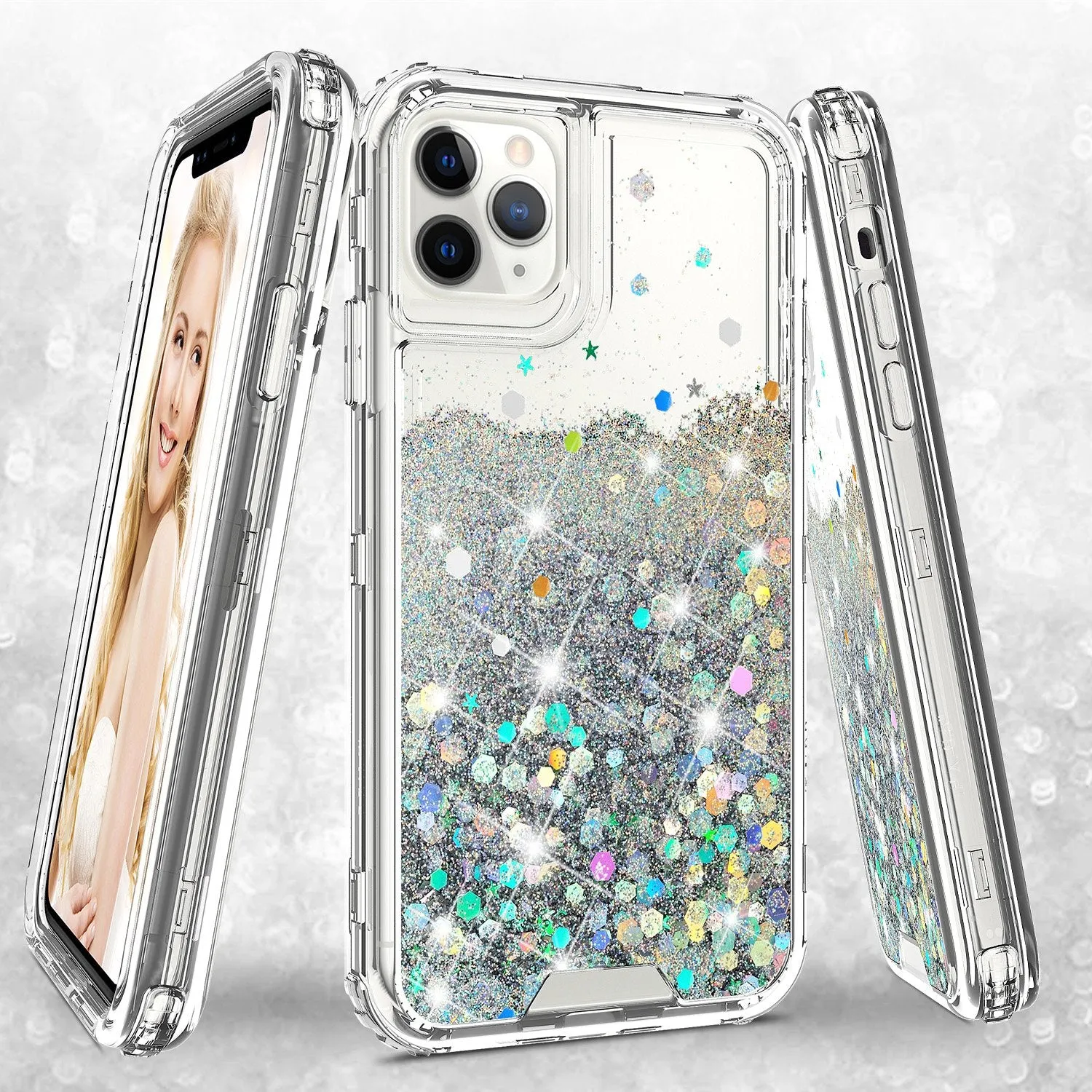 Apple iPhone 12 Pro Max Case,Hard Clear Glitter Sparkle Flowing Liquid Heavy Duty Shockproof Three Layer Protective Bling Girls Women Cases for Apple iPhone 12 Pro Max - Clear