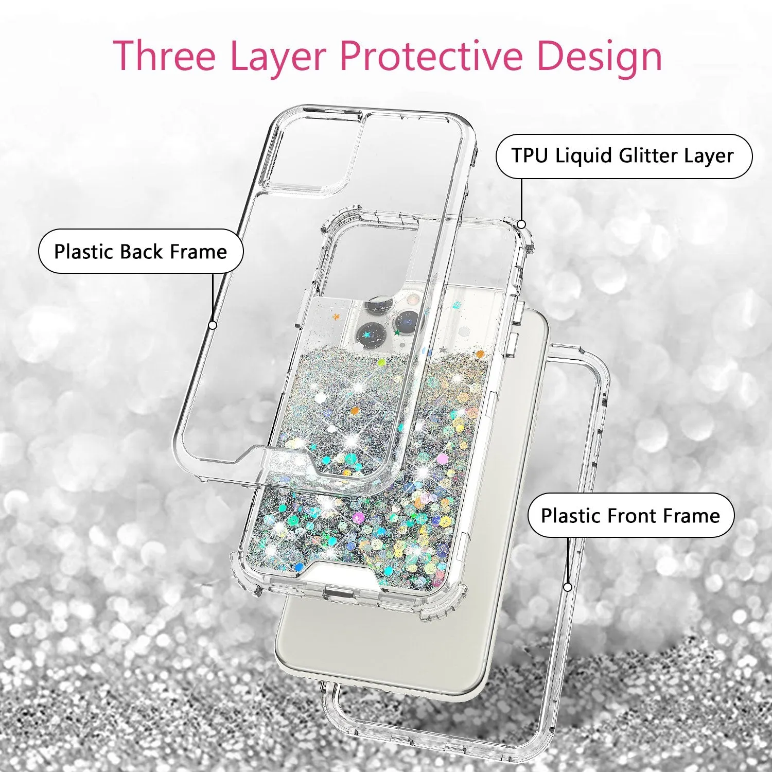 Apple iPhone 12 Pro Max Case,Hard Clear Glitter Sparkle Flowing Liquid Heavy Duty Shockproof Three Layer Protective Bling Girls Women Cases for Apple iPhone 12 Pro Max - Clear