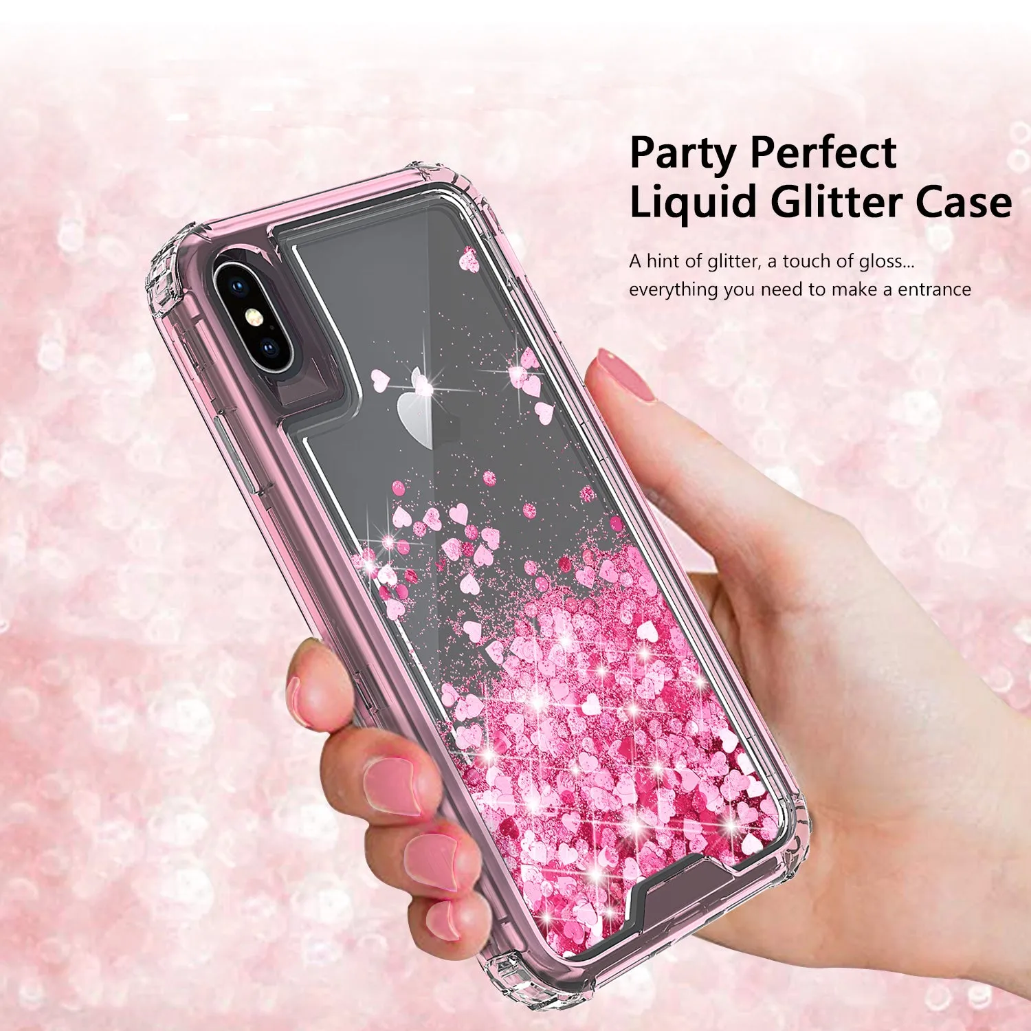 Apple iPhone XS Max Case,Hard Clear Glitter Sparkle Flowing Liquid Heavy Duty Shockproof Three Layer Protective Bling Girls Women Cases for Apple iPhone XS Max - Pink