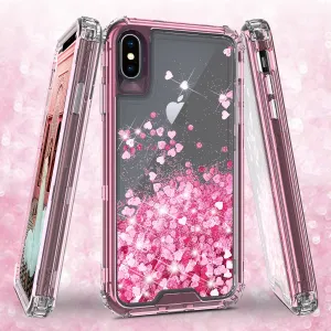 Apple iPhone XS Max Case,Hard Clear Glitter Sparkle Flowing Liquid Heavy Duty Shockproof Three Layer Protective Bling Girls Women Cases for Apple iPhone XS Max - Pink
