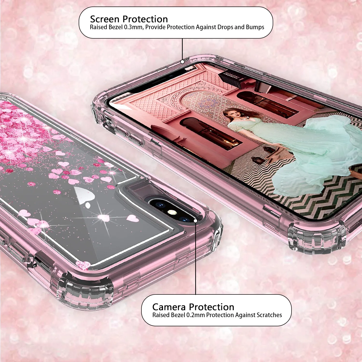 Apple iPhone XS Max Case,Hard Clear Glitter Sparkle Flowing Liquid Heavy Duty Shockproof Three Layer Protective Bling Girls Women Cases for Apple iPhone XS Max - Pink
