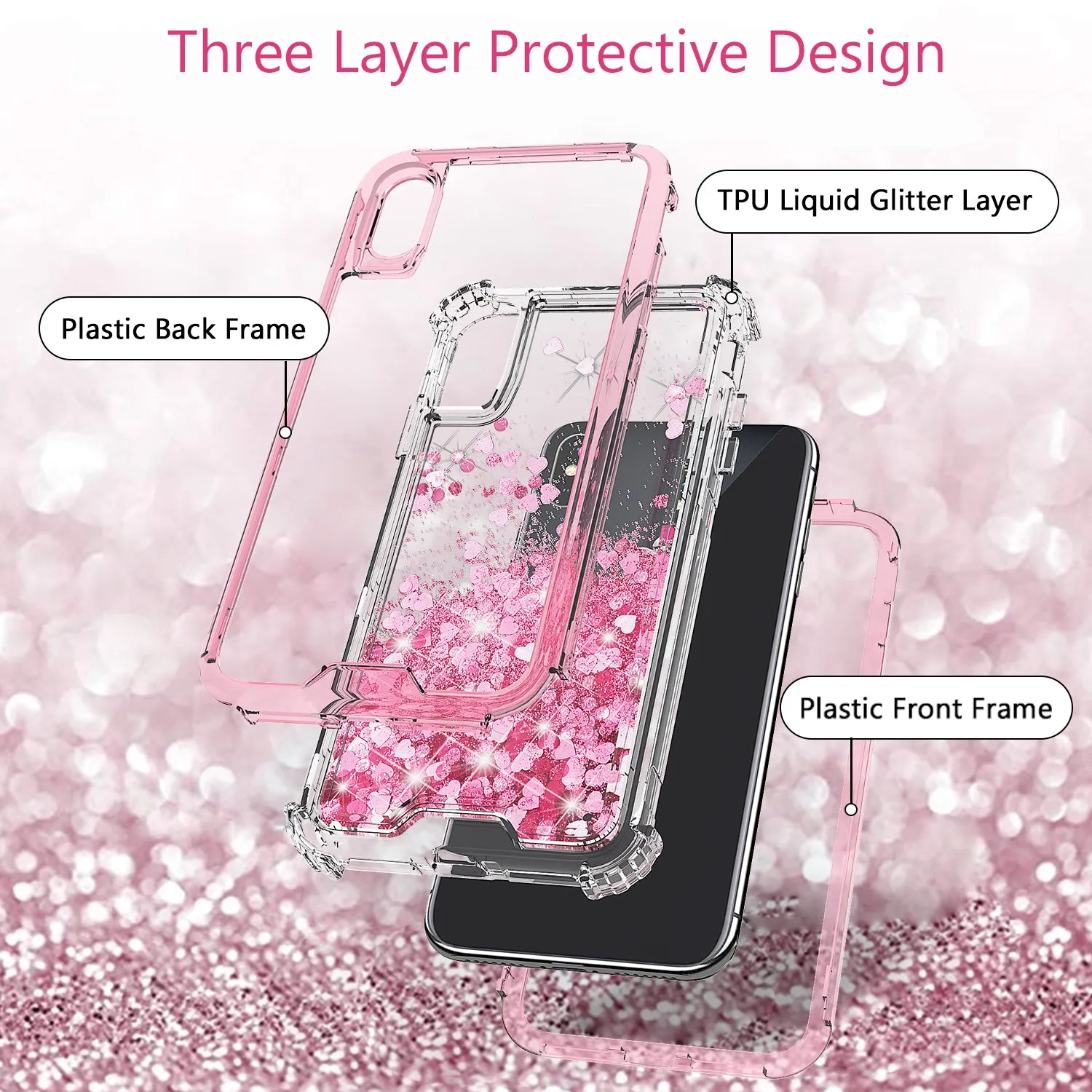 Apple iPhone XS Max Case,Hard Clear Glitter Sparkle Flowing Liquid Heavy Duty Shockproof Three Layer Protective Bling Girls Women Cases for Apple iPhone XS Max - Pink
