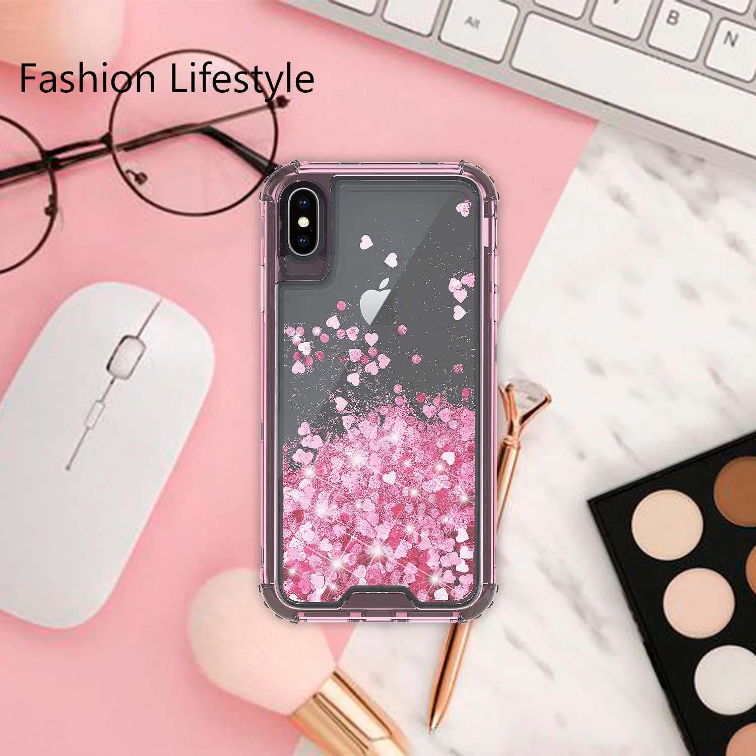 Apple iPhone XS Max Case,Hard Clear Glitter Sparkle Flowing Liquid Heavy Duty Shockproof Three Layer Protective Bling Girls Women Cases for Apple iPhone XS Max - Pink