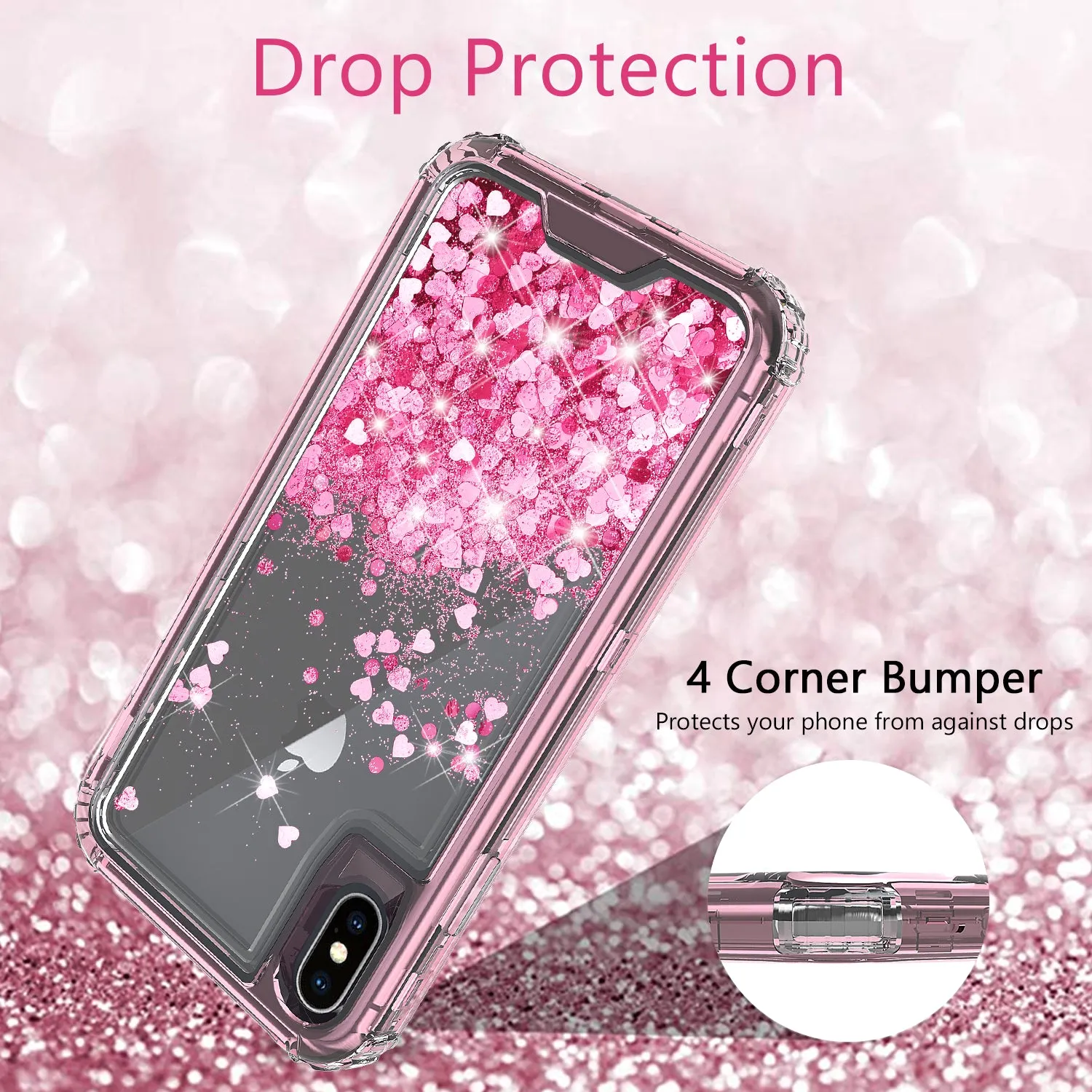 Apple iPhone XS Max Case,Hard Clear Glitter Sparkle Flowing Liquid Heavy Duty Shockproof Three Layer Protective Bling Girls Women Cases for Apple iPhone XS Max - Pink
