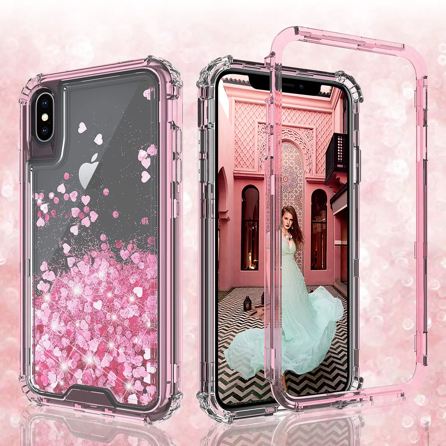 Apple iPhone XS Max Case,Hard Clear Glitter Sparkle Flowing Liquid Heavy Duty Shockproof Three Layer Protective Bling Girls Women Cases for Apple iPhone XS Max - Pink