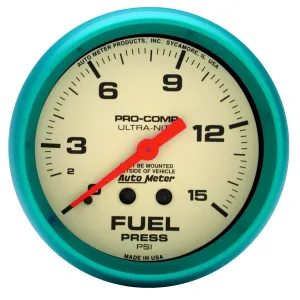 AutoMeter 4511 GAUGE; FUEL PRESS; 2 5/8in.; 15PSI; MECH.; GLOW IN THE DARK; ULTRA-NITE