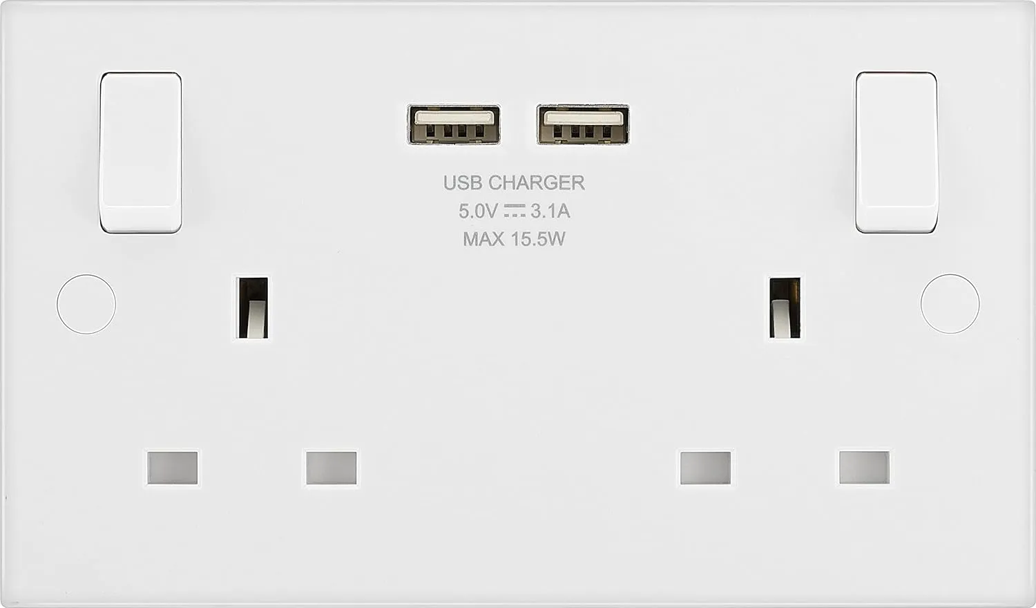 BG Electrical White Double Socket USB 2x -A 3.1A  Fast Charging 1 Pole Square Edge 2 Gang 13A  Switched -922U3