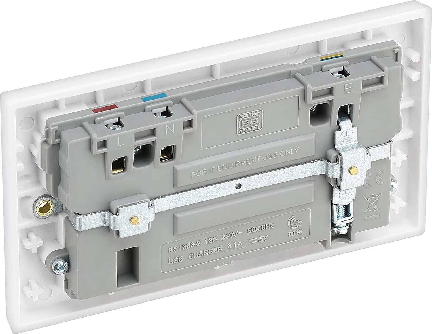BG Electrical White Double Socket USB 2x -A 3.1A  Fast Charging 1 Pole Square Edge 2 Gang 13A  Switched -922U3