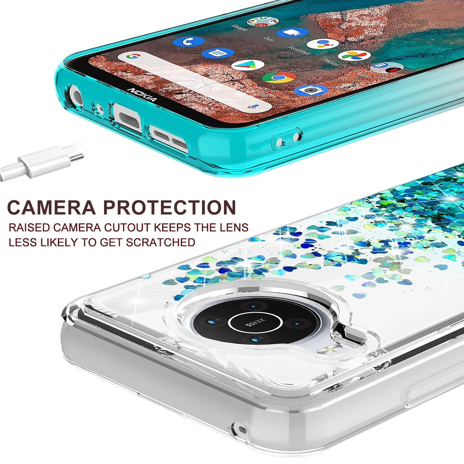 For Nokia X100 Case Liquid Glitter Phone Case Waterfall Floating Quicksand Bling Sparkle Cute Protective Girls Women Cover for Nokia X100 W/Temper Glass - Teal
