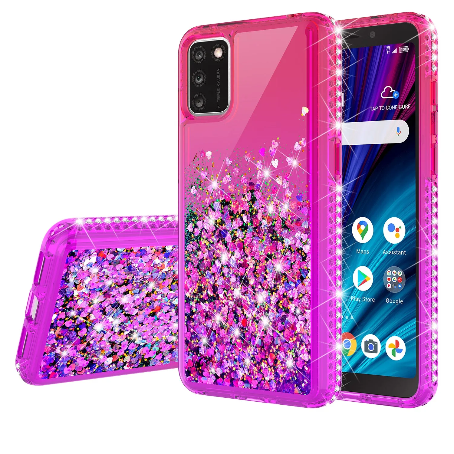 For TCL A3X Case Liquid Glitter Phone Case Waterfall Floating Quicksand Bling Sparkle Cute Protective Girls Women Cover for TCL A3X W/Temper Glass -  (Hot Pink/Purple Gradient)