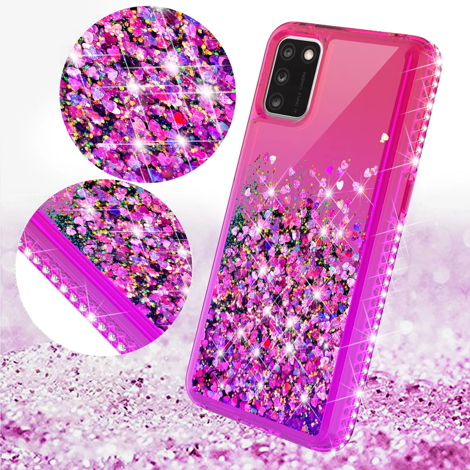 For TCL A3X Case Liquid Glitter Phone Case Waterfall Floating Quicksand Bling Sparkle Cute Protective Girls Women Cover for TCL A3X W/Temper Glass -  (Hot Pink/Purple Gradient)