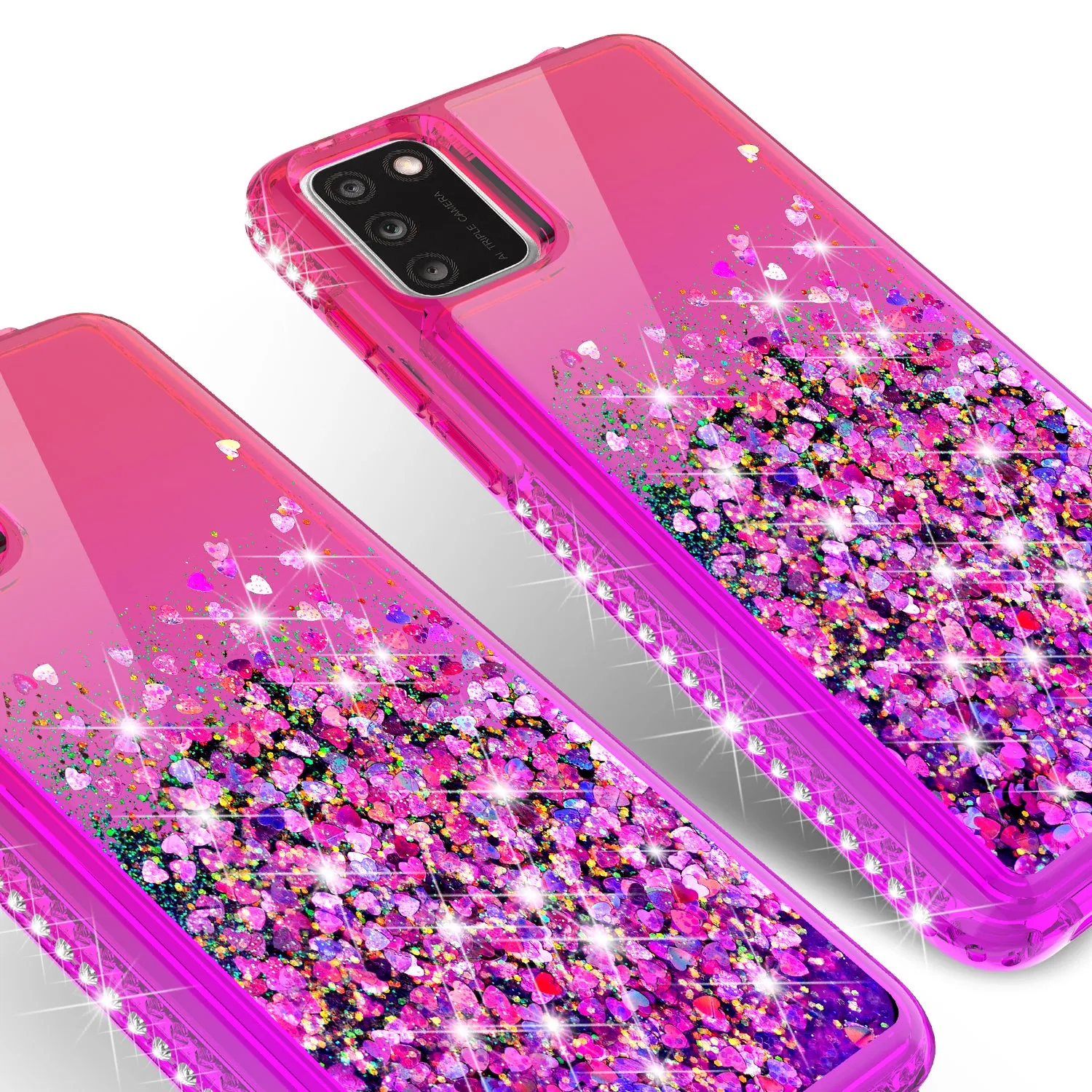 For TCL A3X Case Liquid Glitter Phone Case Waterfall Floating Quicksand Bling Sparkle Cute Protective Girls Women Cover for TCL A3X W/Temper Glass -  (Hot Pink/Purple Gradient)