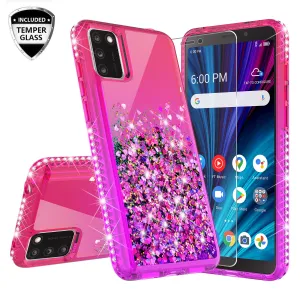 For TCL A3X Case Liquid Glitter Phone Case Waterfall Floating Quicksand Bling Sparkle Cute Protective Girls Women Cover for TCL A3X W/Temper Glass -  (Hot Pink/Purple Gradient)