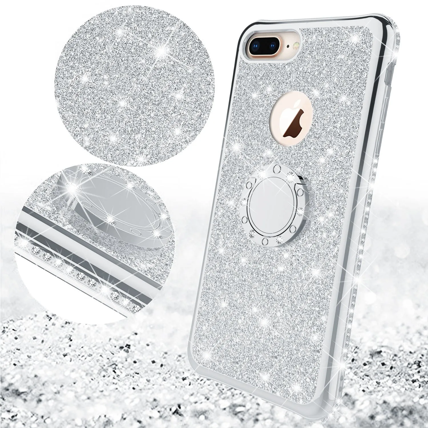 Glitter Cute Phone Case Girls Kickstand Compatible for Apple iPhone 7 Case,Bling Diamond Bumper Ring Stand Soft Sparkly iPhone 7 - Silver