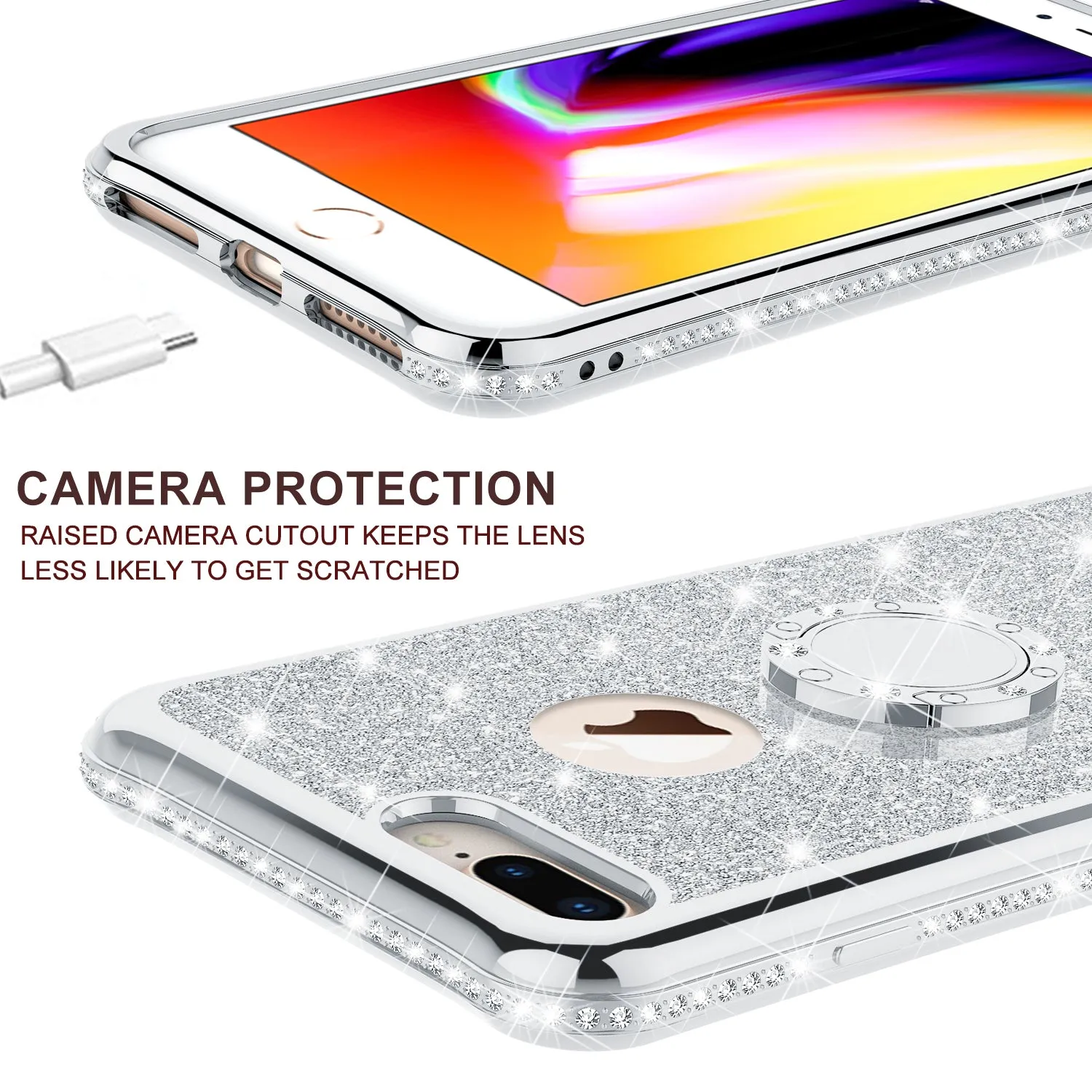 Glitter Cute Phone Case Girls Kickstand Compatible for Apple iPhone 7 Case,Bling Diamond Bumper Ring Stand Soft Sparkly iPhone 7 - Silver