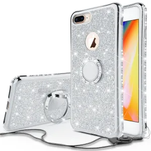 Glitter Cute Phone Case Girls Kickstand Compatible for Apple iPhone 7 Case,Bling Diamond Bumper Ring Stand Soft Sparkly iPhone 7 - Silver