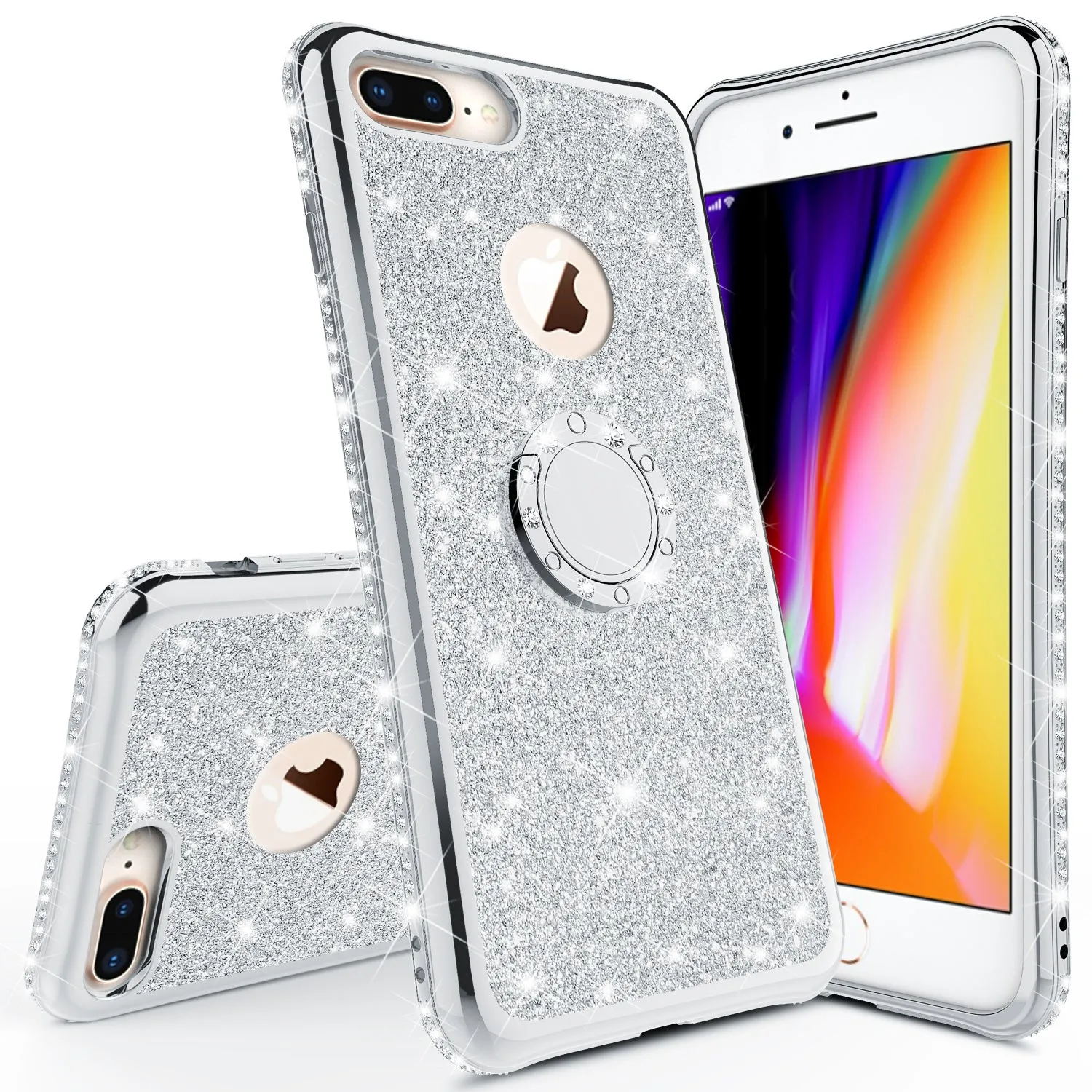 Glitter Cute Phone Case Girls Kickstand Compatible for Apple iPhone 7 Case,Bling Diamond Bumper Ring Stand Soft Sparkly iPhone 7 - Silver