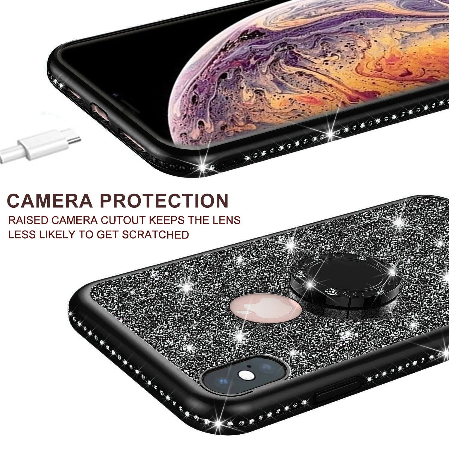 Glitter Cute Phone Case Girls Kickstand Compatible for Apple iPhone X / iPhone XS Case,Bling Diamond Bumper Ring Stand Soft Sparkly iPhone X / iPhone XS - Black