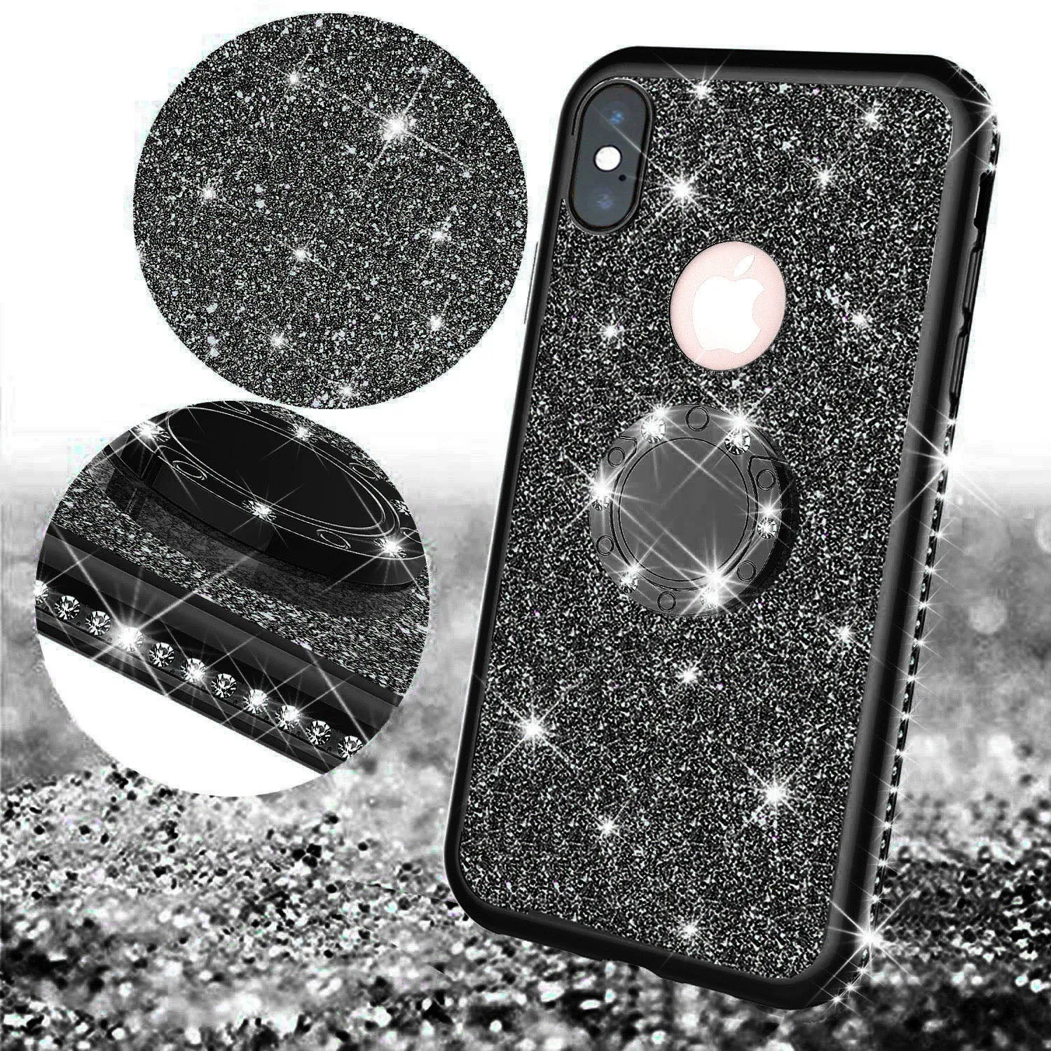 Glitter Cute Phone Case Girls Kickstand Compatible for Apple iPhone X / iPhone XS Case,Bling Diamond Bumper Ring Stand Soft Sparkly iPhone X / iPhone XS - Black
