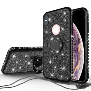 Glitter Cute Phone Case Girls Kickstand Compatible for Apple iPhone X / iPhone XS Case,Bling Diamond Bumper Ring Stand Soft Sparkly iPhone X / iPhone XS - Black