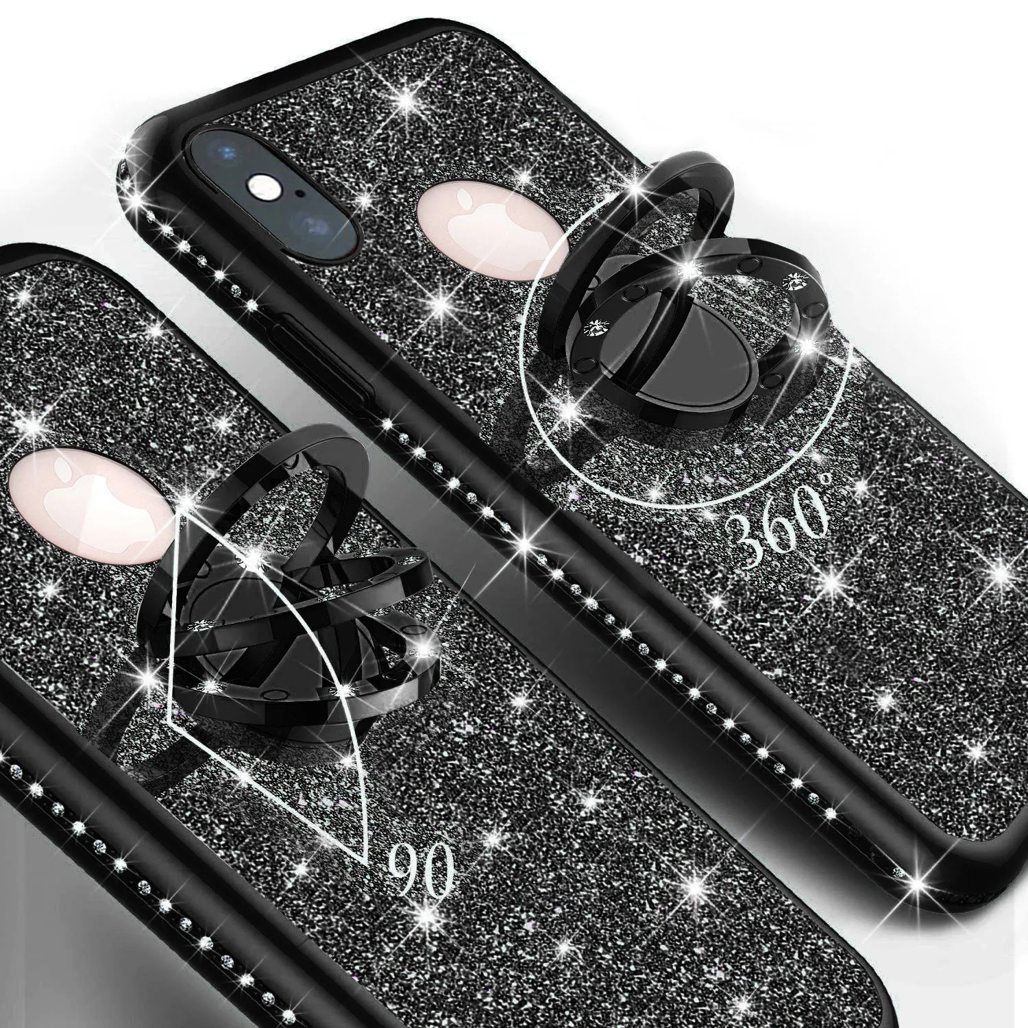Glitter Cute Phone Case Girls Kickstand Compatible for Apple iPhone X / iPhone XS Case,Bling Diamond Bumper Ring Stand Soft Sparkly iPhone X / iPhone XS - Black