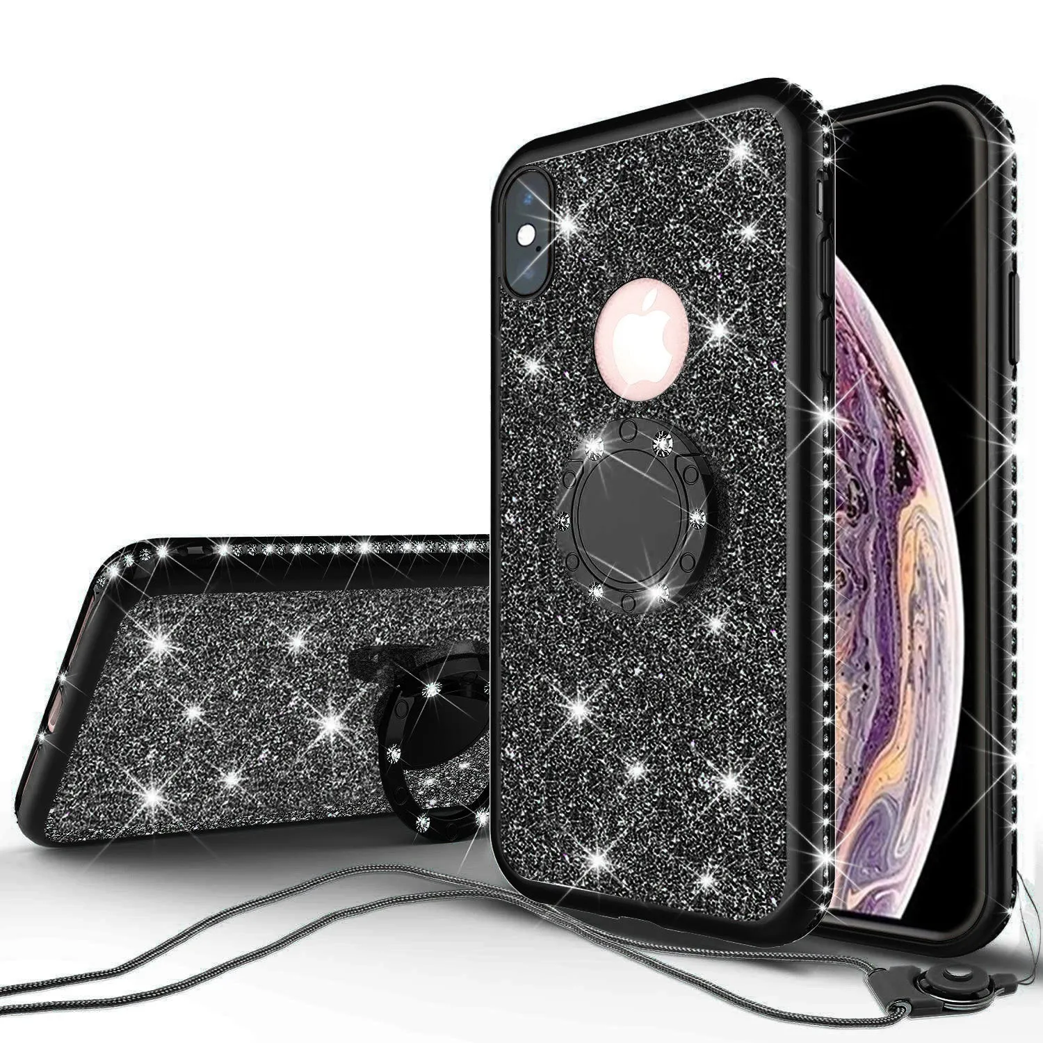 Glitter Cute Phone Case Girls Kickstand Compatible for Apple iPhone X / iPhone XS Case,Bling Diamond Bumper Ring Stand Soft Sparkly iPhone X / iPhone XS - Black