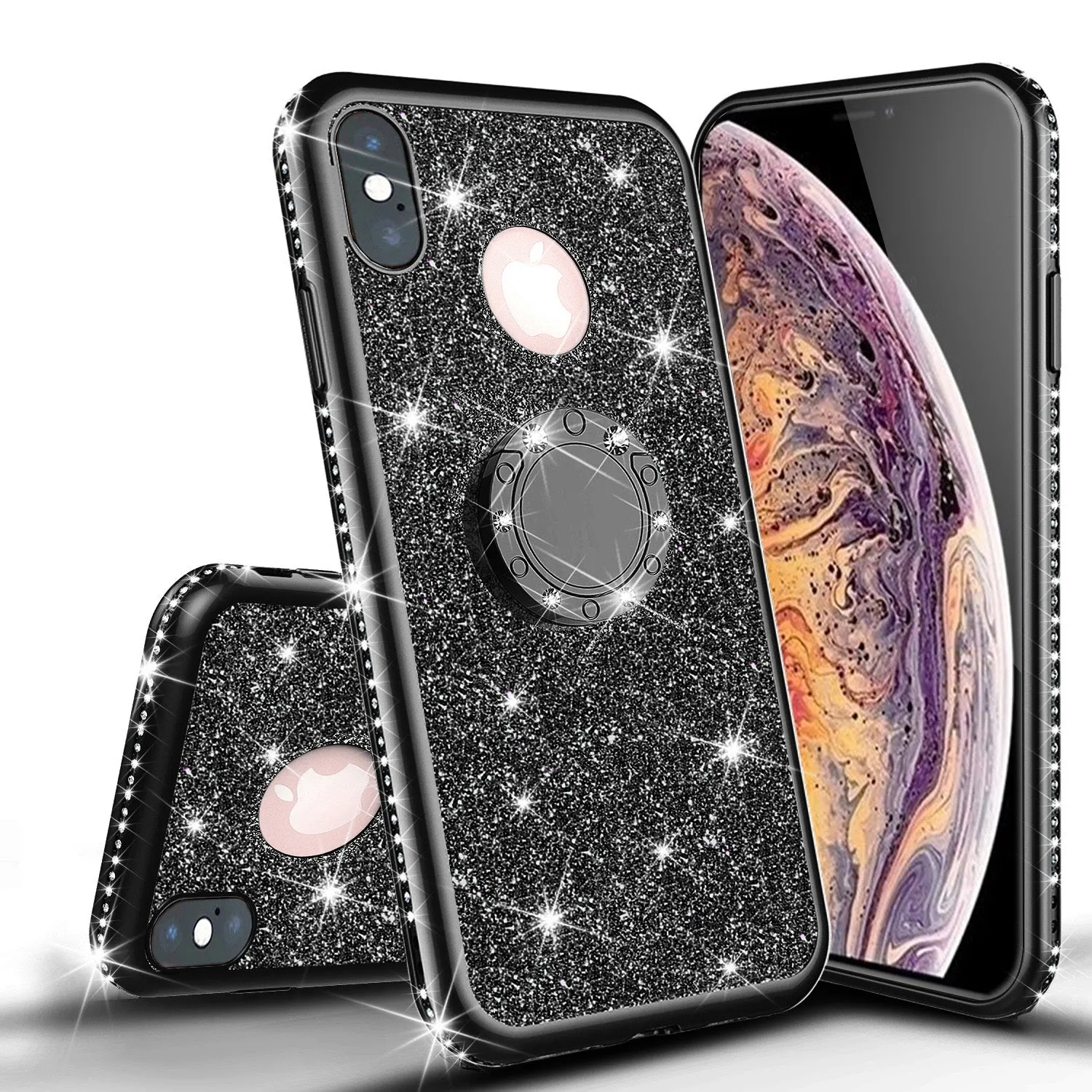 Glitter Cute Phone Case Girls Kickstand Compatible for Apple iPhone X / iPhone XS Case,Bling Diamond Bumper Ring Stand Soft Sparkly iPhone X / iPhone XS - Black