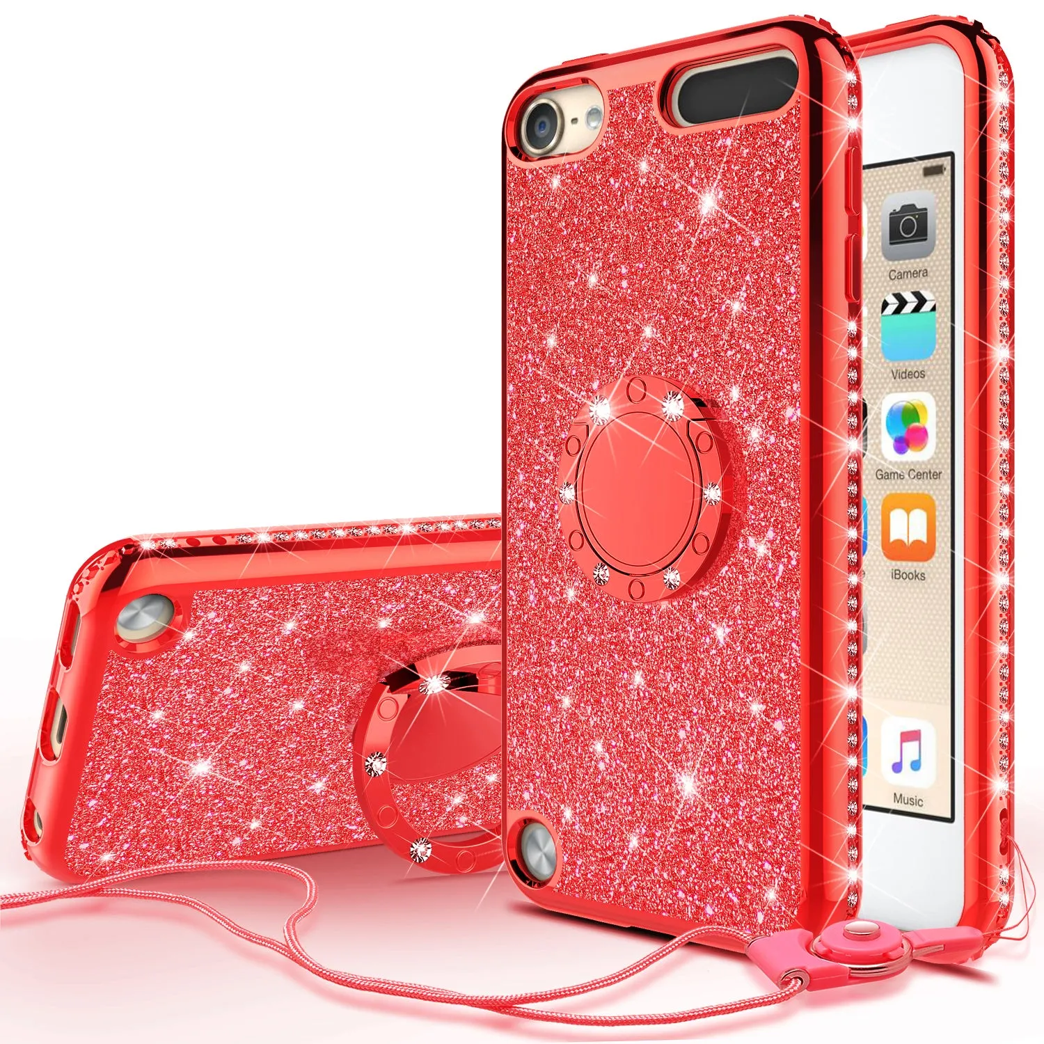 Glitter Cute Phone Case Girls Kickstand Compatible for Apple iPod Touch 6/iPod Touch 5 Case,Bling Diamond Bumper Ring Stand Soft Sparkly iPod Touch 5/6th Generation - Red