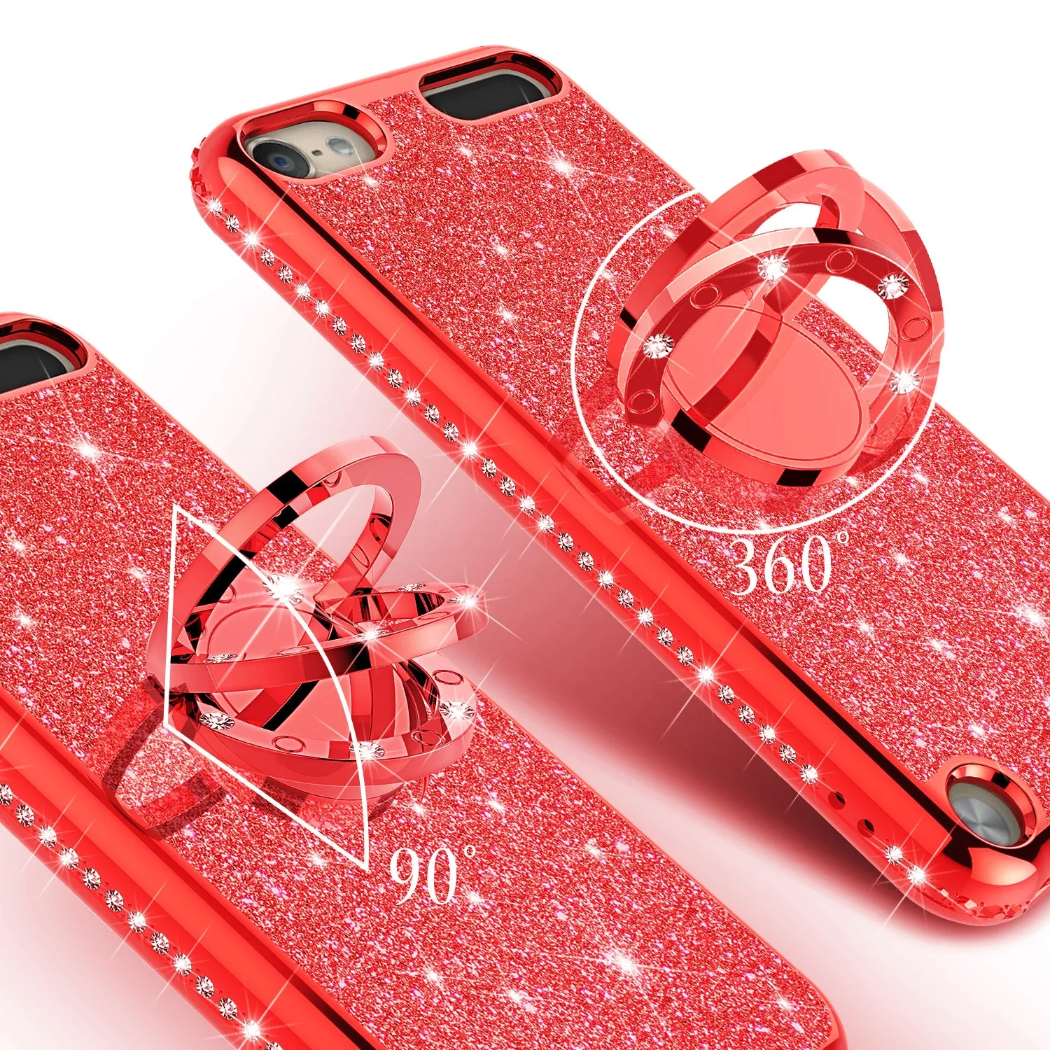 Glitter Cute Phone Case Girls Kickstand Compatible for Apple iPod Touch 6/iPod Touch 5 Case,Bling Diamond Bumper Ring Stand Soft Sparkly iPod Touch 5/6th Generation - Red