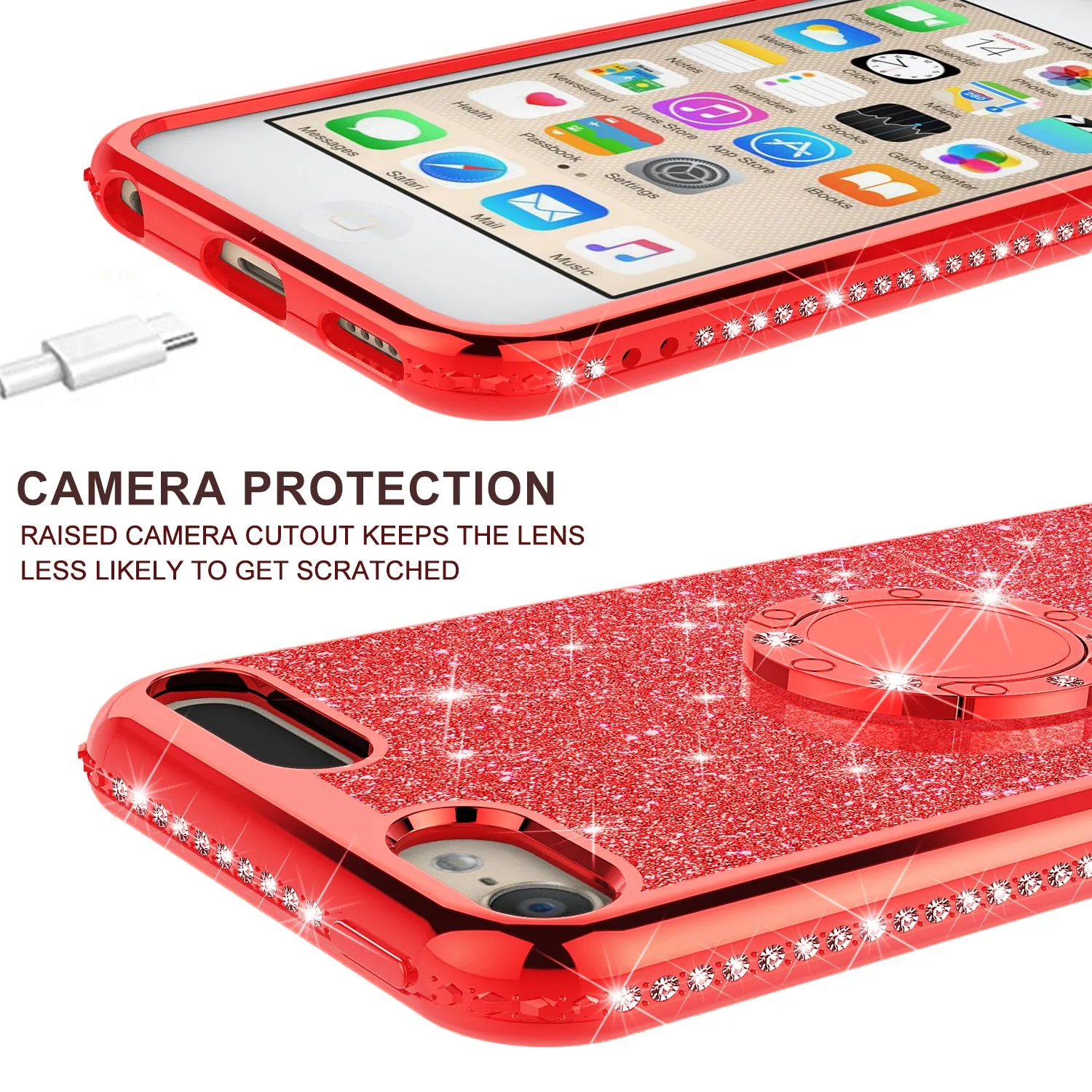 Glitter Cute Phone Case Girls Kickstand Compatible for Apple iPod Touch 6/iPod Touch 5 Case,Bling Diamond Bumper Ring Stand Soft Sparkly iPod Touch 5/6th Generation - Red