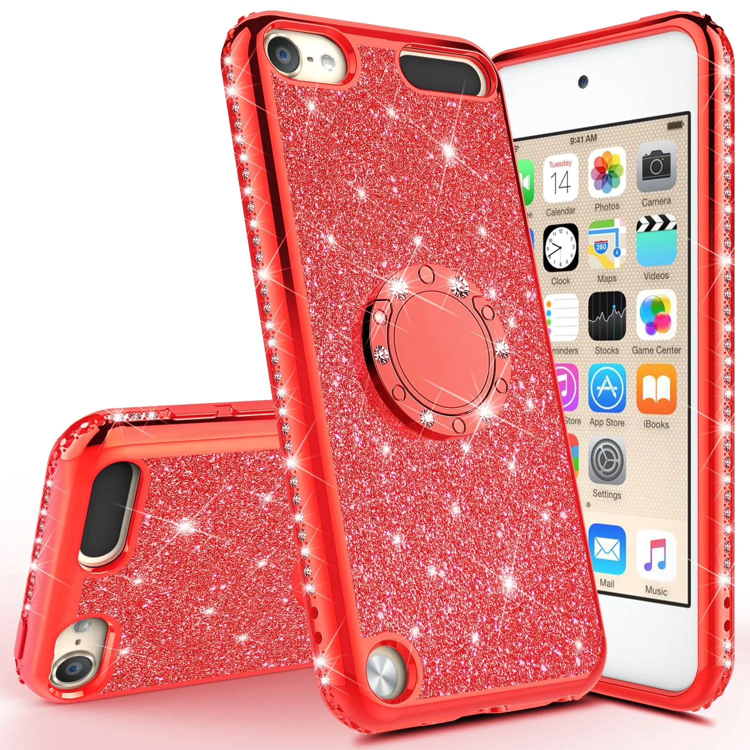 Glitter Cute Phone Case Girls Kickstand Compatible for Apple iPod Touch 6/iPod Touch 5 Case,Bling Diamond Bumper Ring Stand Soft Sparkly iPod Touch 5/6th Generation - Red