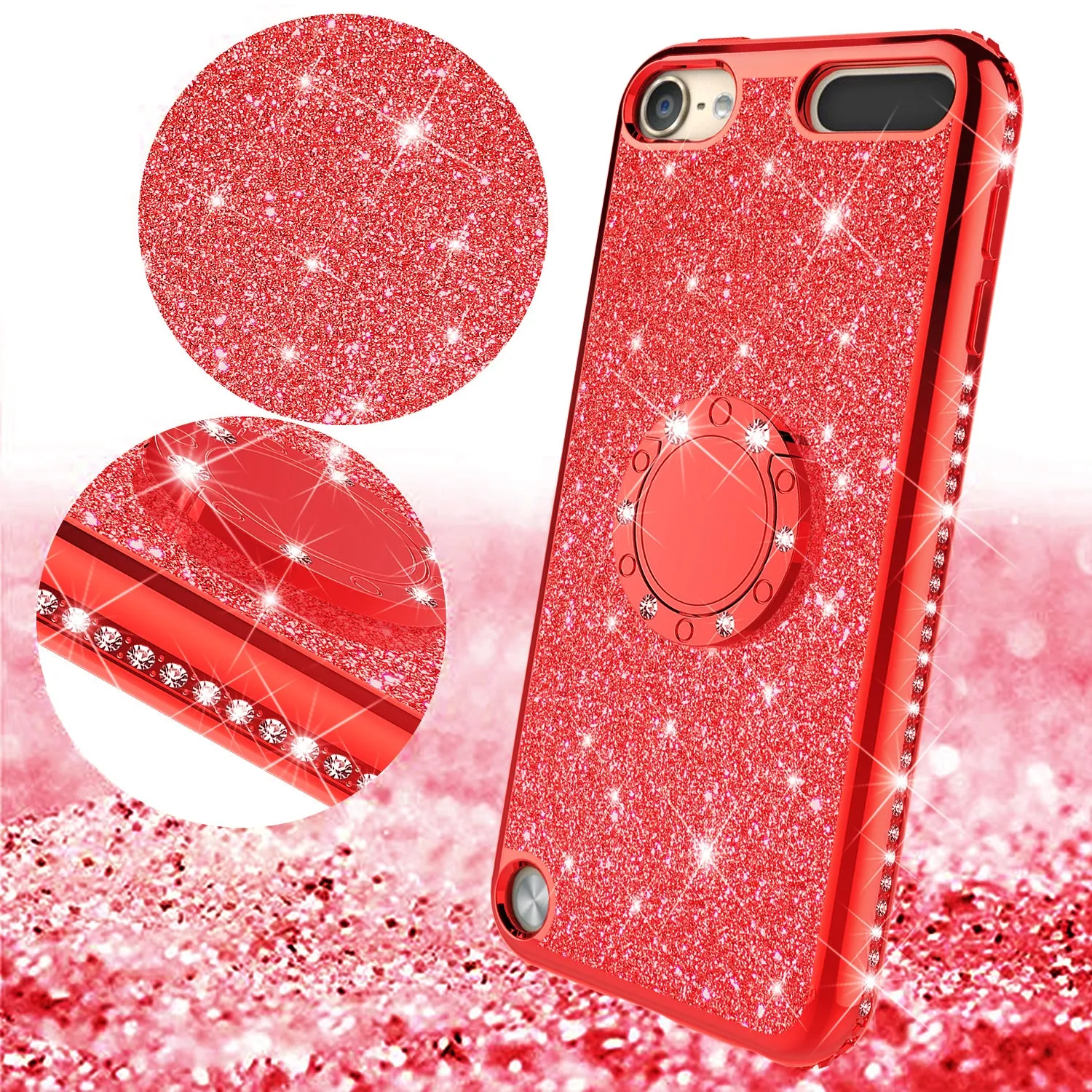 Glitter Cute Phone Case Girls Kickstand Compatible for Apple iPod Touch 6/iPod Touch 5 Case,Bling Diamond Bumper Ring Stand Soft Sparkly iPod Touch 5/6th Generation - Red
