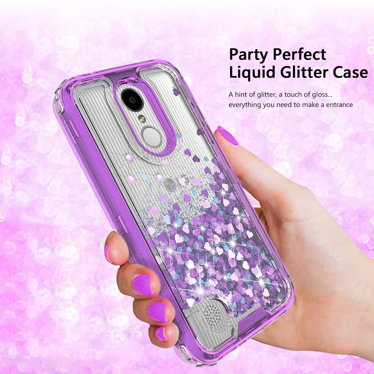 LG Aristo 3 | Aristo 3 Plus | Tribute Empire | K8S | K8 Plus | Rebel 4 | Zone 4 | Phoenix 4 Case, Hard Clear Glitter Sparkle Liquid Heavy Duty Shockproof Triple Layer Protective Bling Girls Women Case Cover - Purple