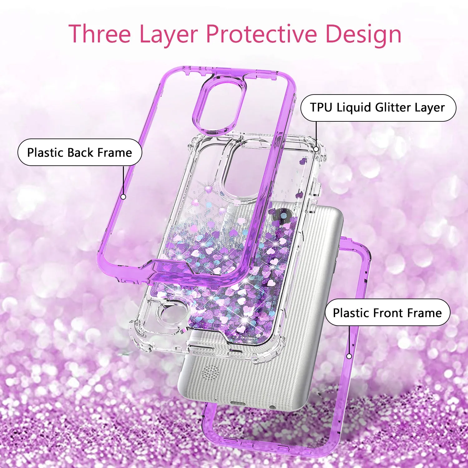 LG Aristo 3 | Aristo 3 Plus | Tribute Empire | K8S | K8 Plus | Rebel 4 | Zone 4 | Phoenix 4 Case, Hard Clear Glitter Sparkle Liquid Heavy Duty Shockproof Triple Layer Protective Bling Girls Women Case Cover - Purple