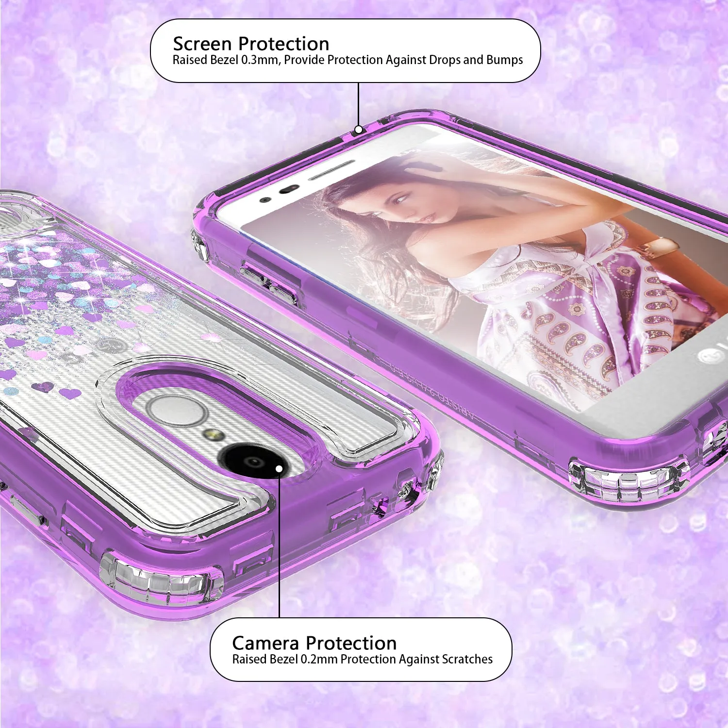 LG Aristo 3 | Aristo 3 Plus | Tribute Empire | K8S | K8 Plus | Rebel 4 | Zone 4 | Phoenix 4 Case, Hard Clear Glitter Sparkle Liquid Heavy Duty Shockproof Triple Layer Protective Bling Girls Women Case Cover - Purple