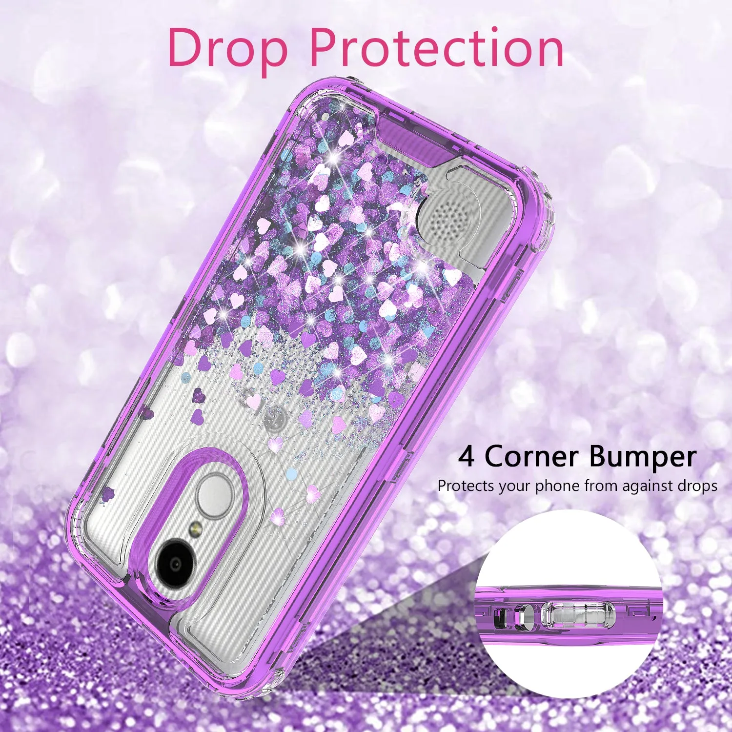 LG Aristo 3 | Aristo 3 Plus | Tribute Empire | K8S | K8 Plus | Rebel 4 | Zone 4 | Phoenix 4 Case, Hard Clear Glitter Sparkle Liquid Heavy Duty Shockproof Triple Layer Protective Bling Girls Women Case Cover - Purple